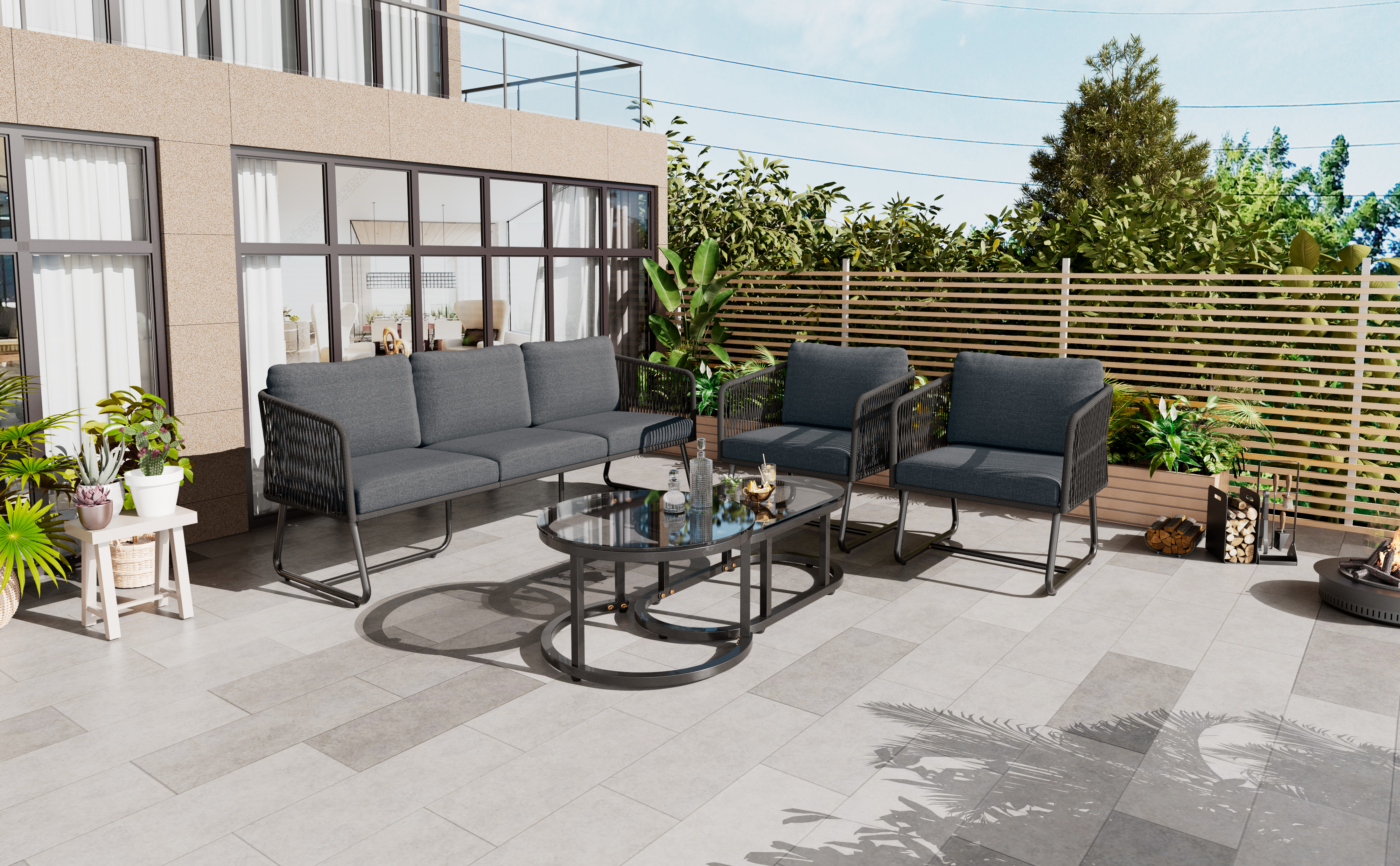 Outdoor Patio&Backyard Furniture Garden Lounge Set, Thick Quality Space Saving Sofas With Glass Coffee Table, Grey