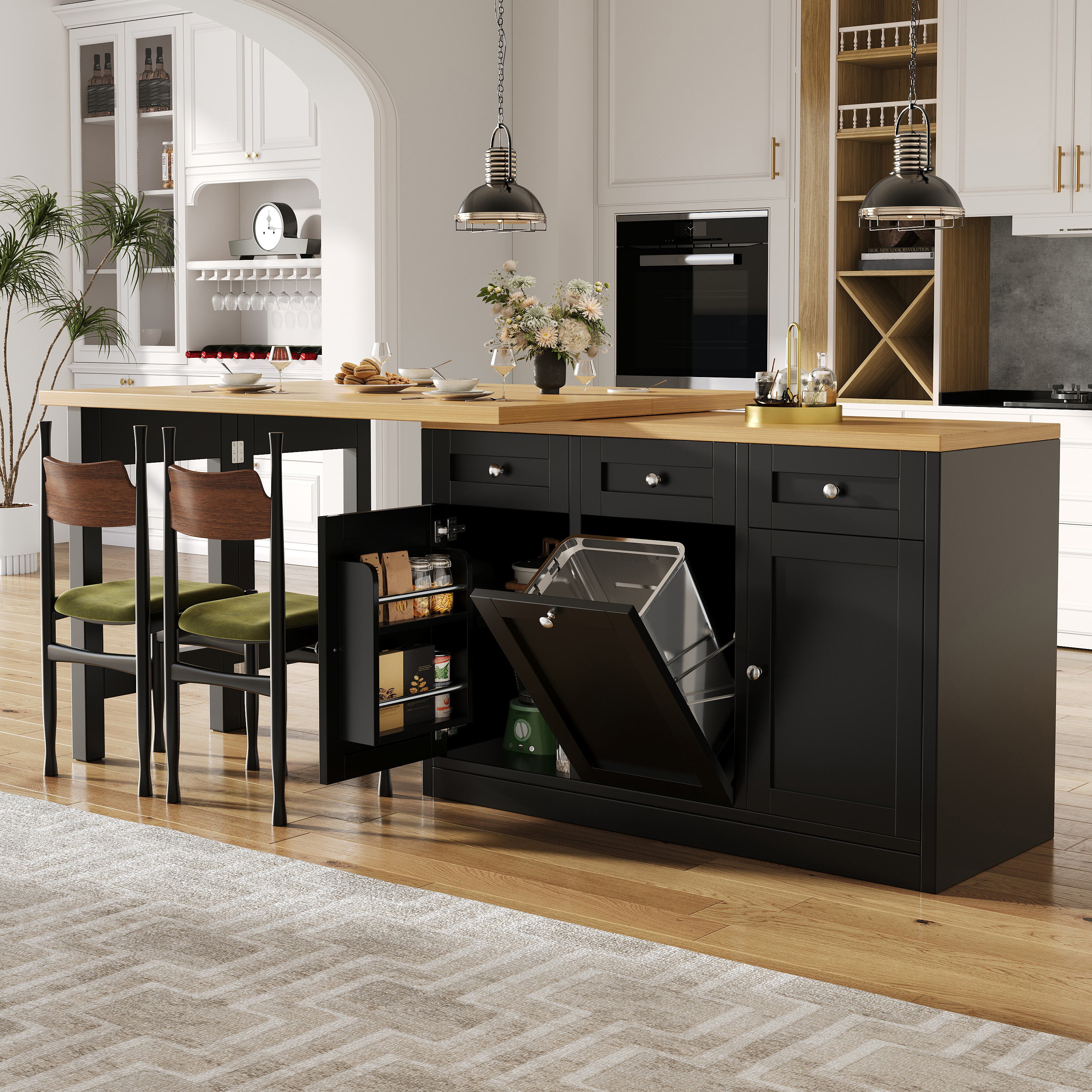 Extendable Bar Table With Storage Space, Fold-out Dining Table With Drawer And Snack Tray, Pull Out Bin Holder  Bin Not Included , Space-saving Design For Small Flats, Kitchens, Balconies,Black