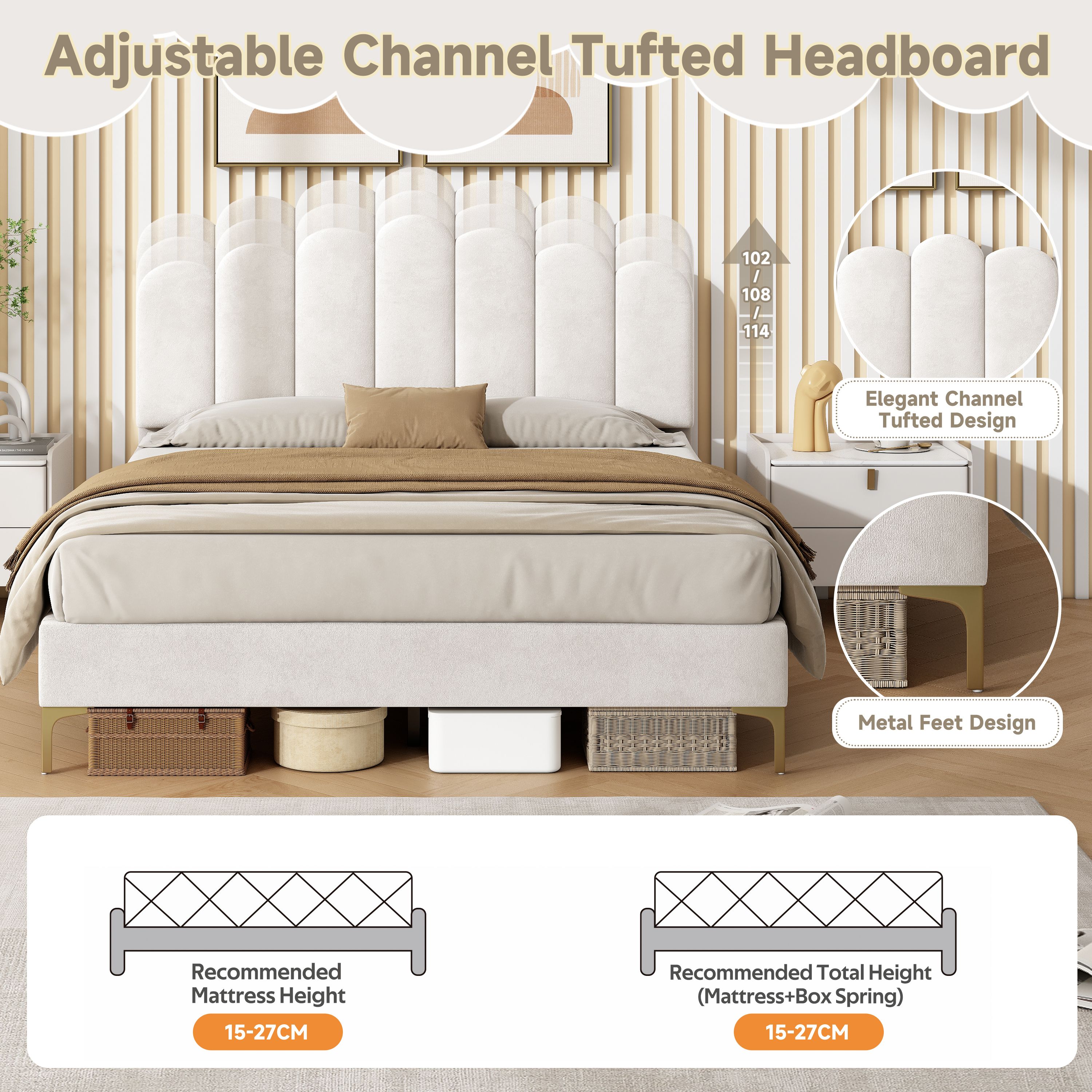 4ft6 Double Premium Velvet Upholstered Bed Frame With Scalloped Channel Tufted Design, Height Adjustable Headboard & Gold Metal Feet, Under-bed Storage Space, No Box Spring Needed, Beige  No Mattress