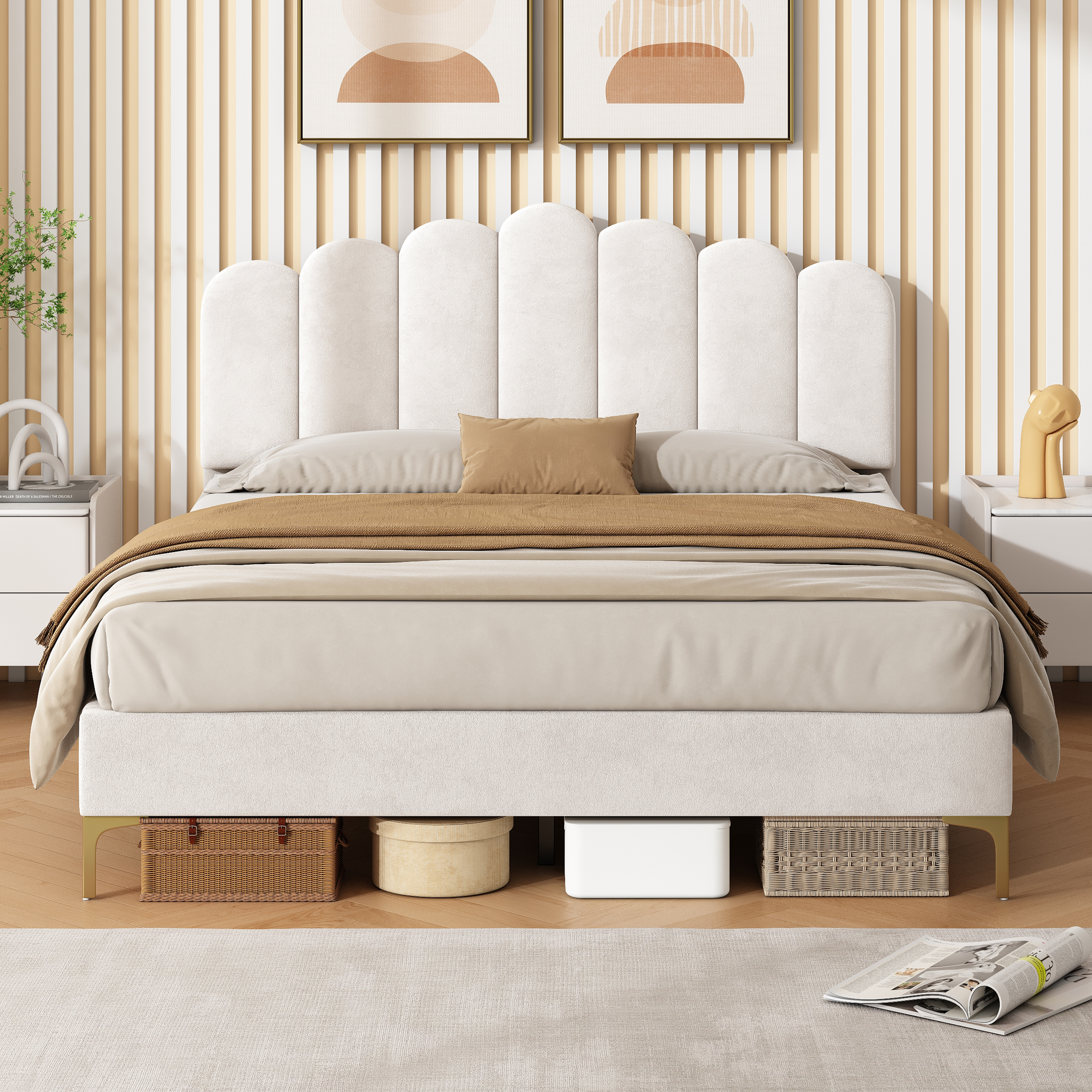 4ft6 Double Premium Velvet Upholstered Bed Frame With Scalloped Channel Tufted Design, Height Adjustable Headboard & Gold Metal Feet, Under-bed Storage Space, No Box Spring Needed, Beige  No Mattress