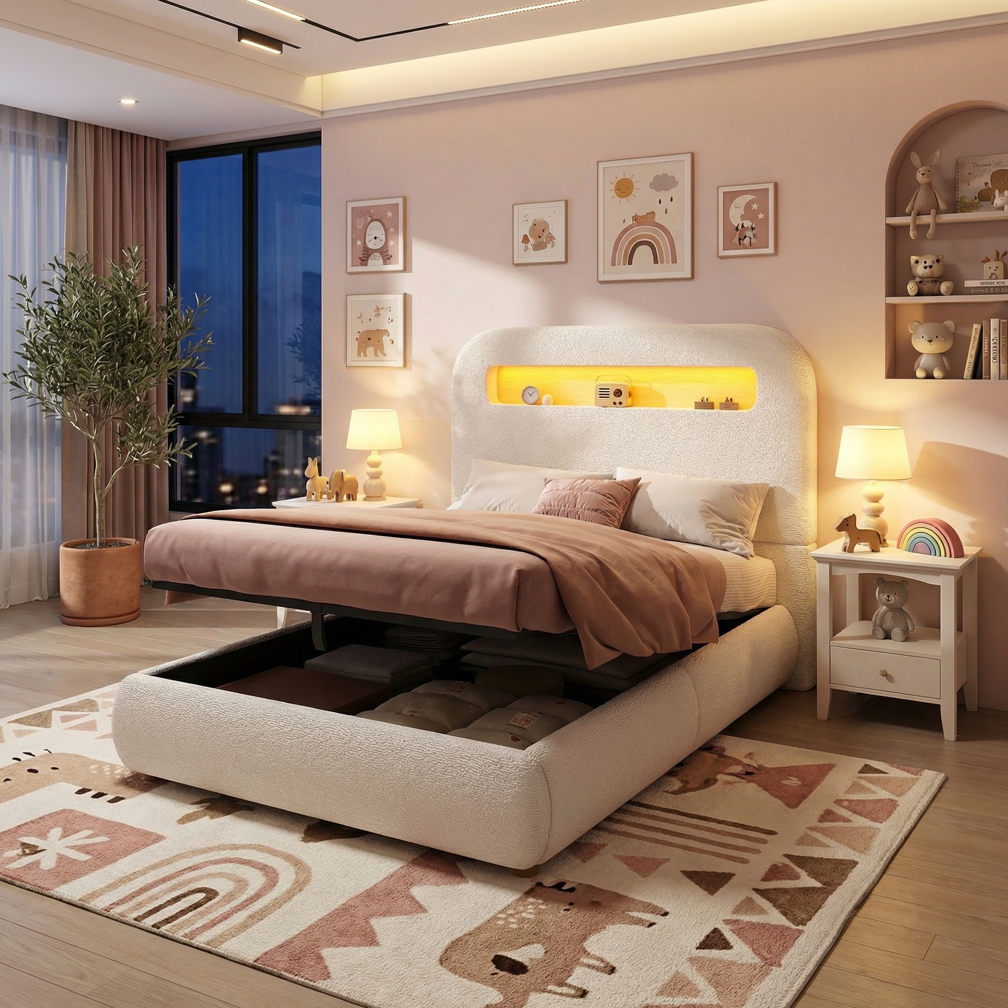 Upholstered Bed, Single Bed, Childrens Bed, 3ft-90 X 190cm, Hydraulic Bed, Bed With Headboard And Large Storage Space, LED Lighting, Solid Wood Legs, White, Boucle