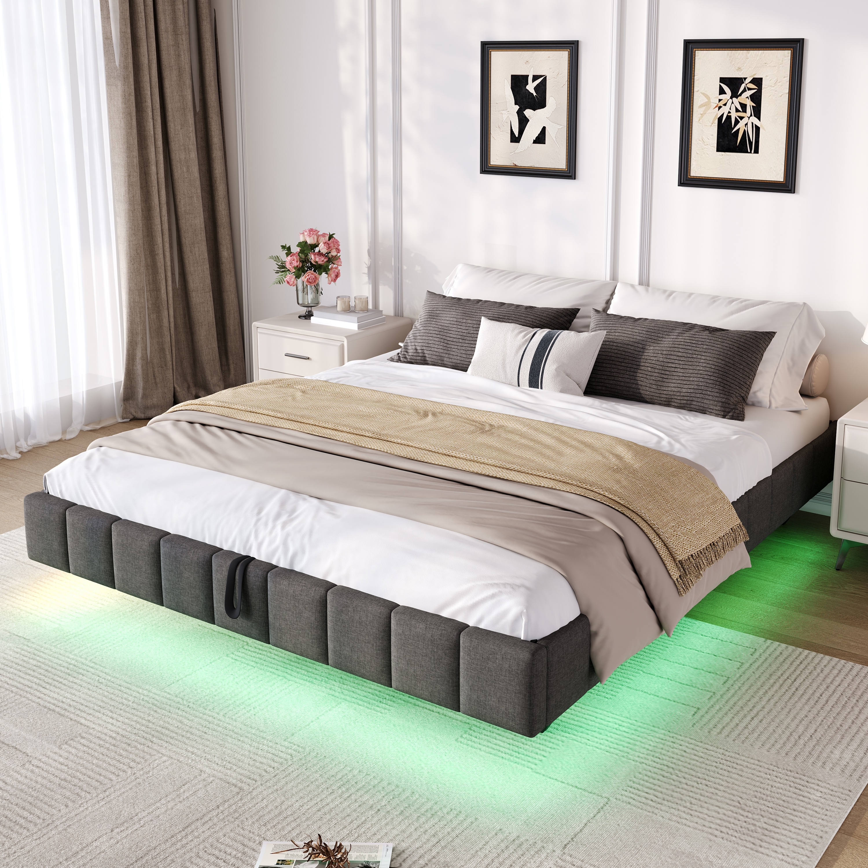 4ft6 Double Floating Bed Frame With Hydraulic Under-bed Storage & Smart RGB LED Lights, No Headboard Upholstered Bed With Concealed Anti-Collision Leg, Linen Fabric, Grey  No Mattress