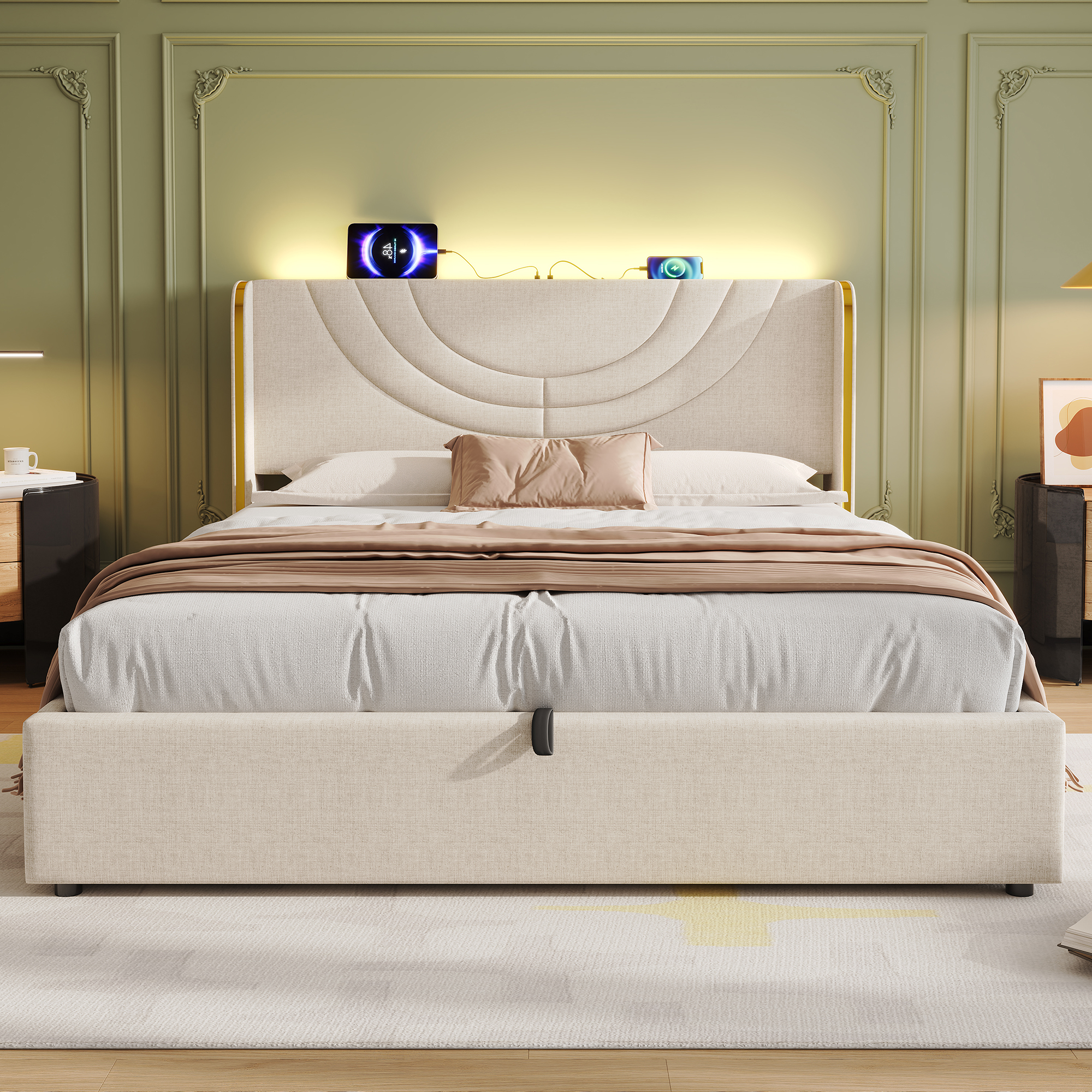 4ft6 Double Upholstered Bed Frame With Hydraulic Storage, LED Headboard With Charging Station And Chrome Trim, USB And Type-C Ports, Linen, No Box Spring Needed, Beige  No Mattress