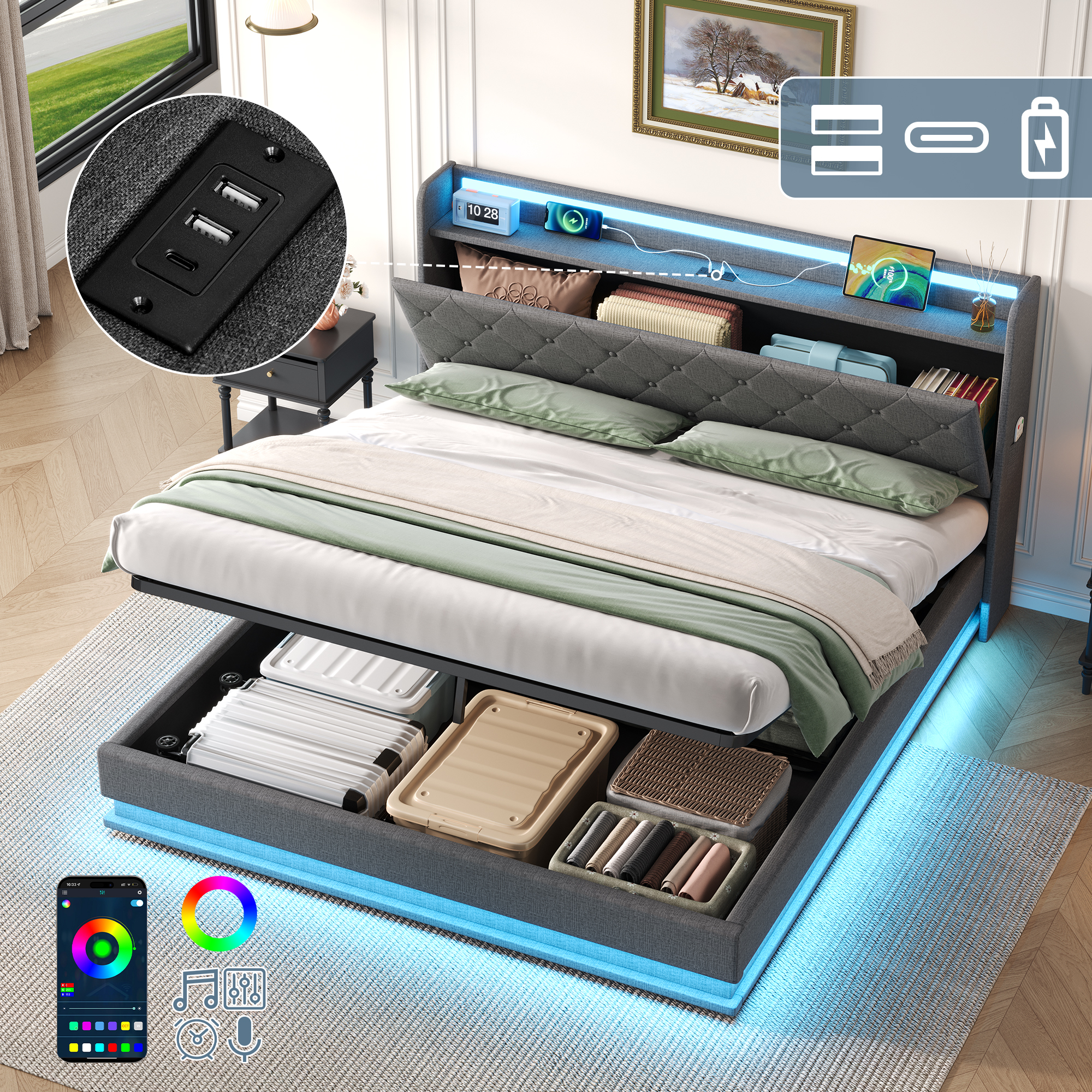 4ft6 Double Upholstered Bed Frame With Hydraulic Storage,  LED Button Tufted Headboard With Charging Station And Concealed Headboard Storage, USB And Type - C Ports, Linen, Grey  No Mattress