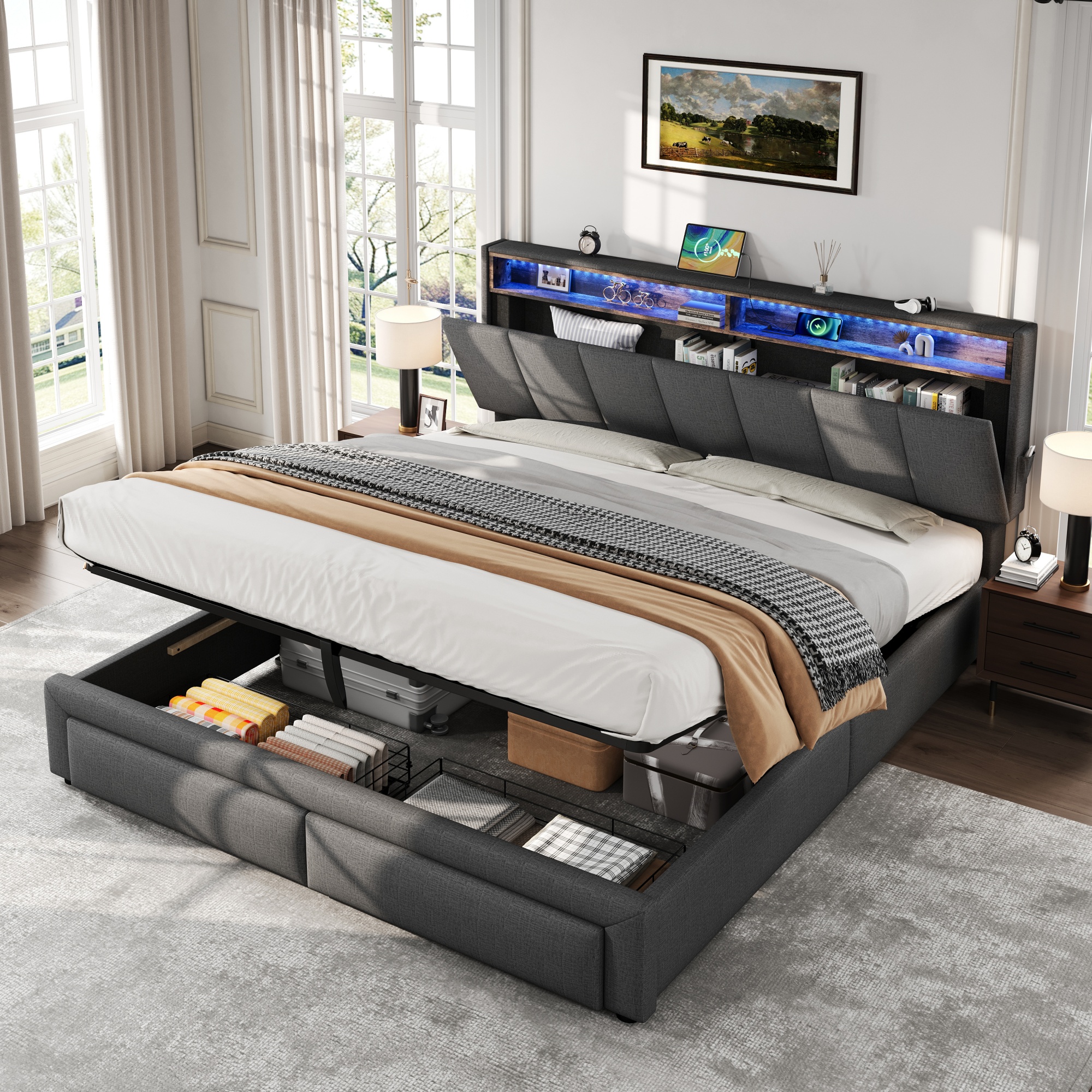 5ft King Upholstered Bed Frame With Hydraulic And Drawers Storage, LED Adjustable Headboard With Charging Station And Concealed Headboard Storage, Linen, No Box Spring Needed, Grey  No Mattress