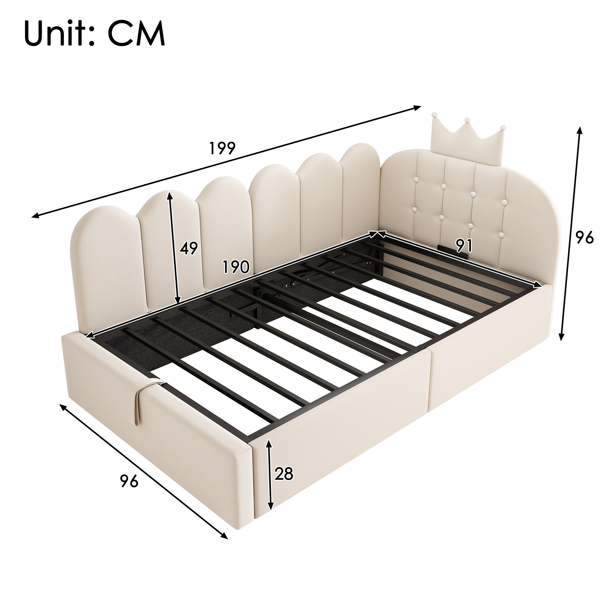 Upholstered Daybed With Hydraulic Storage, 3FT Single Sofa Bed 90 X 190 Cm, Crown-shaped Bed Guest Beds For Adults & Children, Velvet, Beige  No Mattress