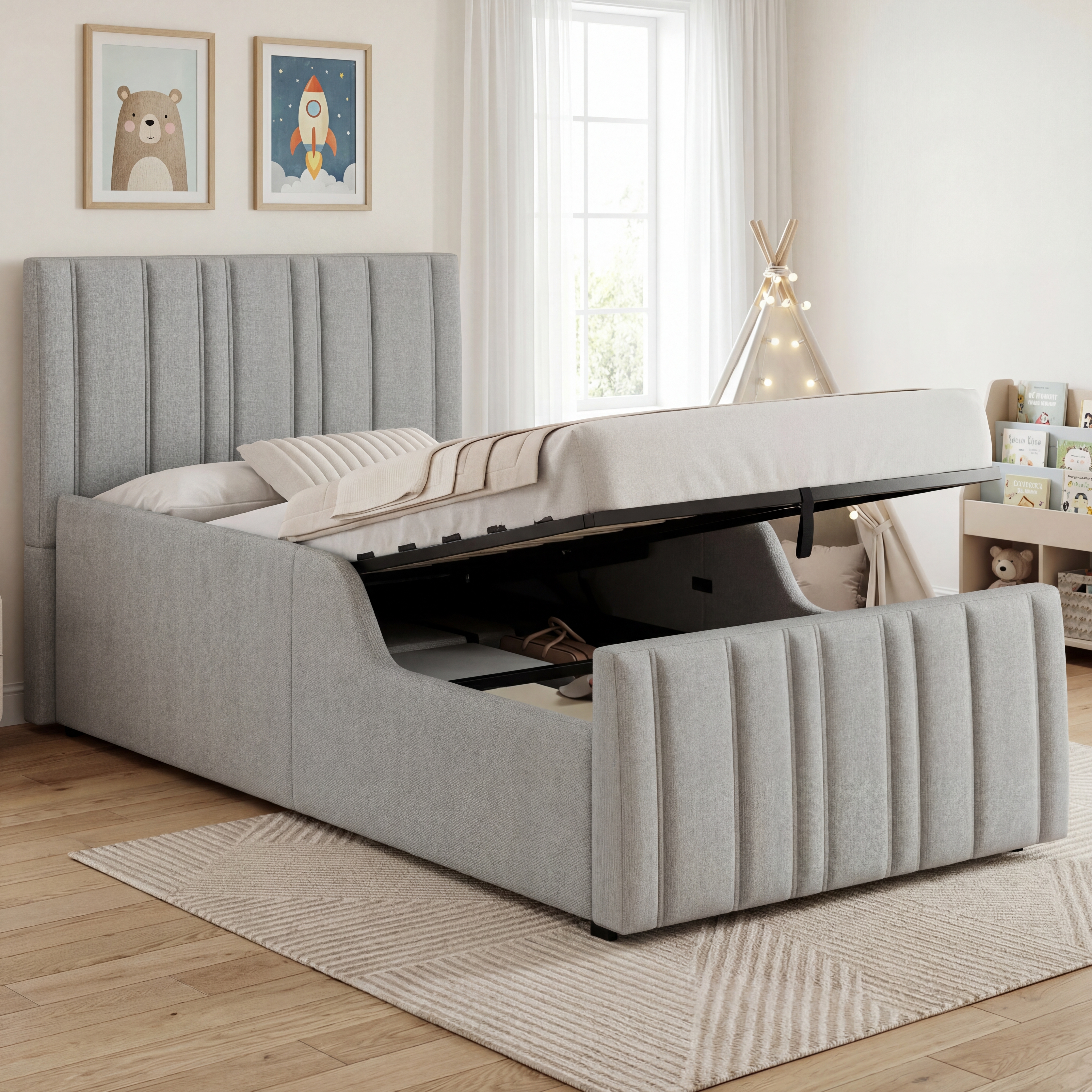 Upholstered Bed, Single Bed, Children's Bed, 3ft-90 X 190cm, Hydraulic Bed, Bed With Headboard And Large Storage Space, Upholstered Headboard, Grey, Linen