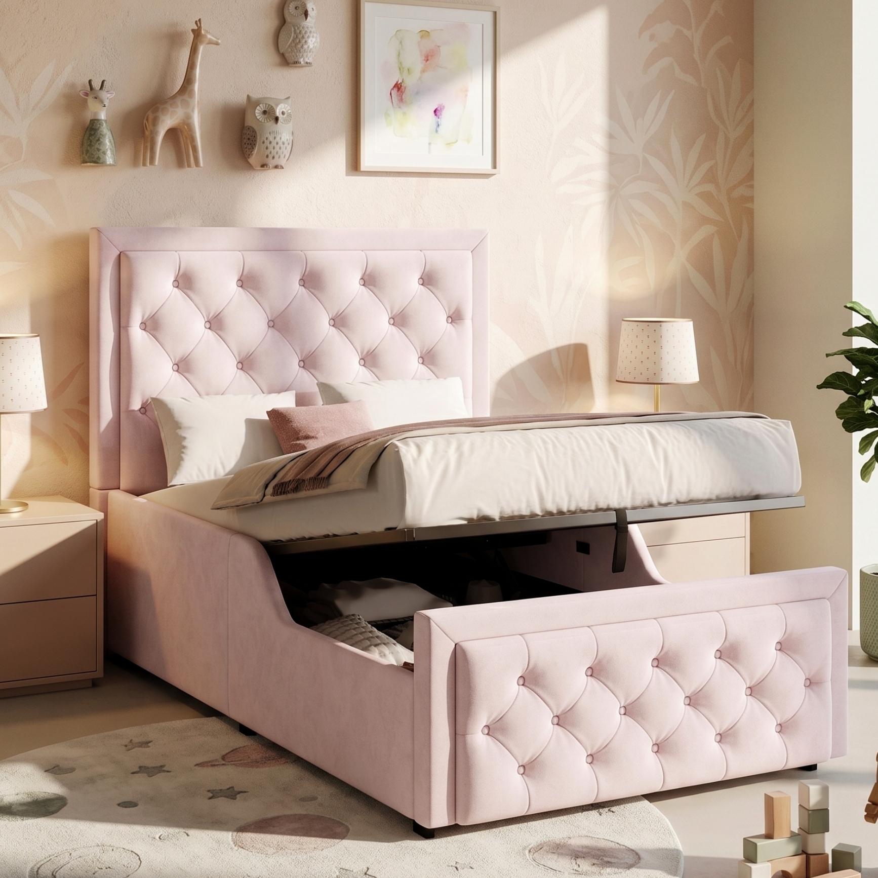 Upholstered Bed, Single Bed, Children's Bed, 3ft-90 X 190cm, Hydraulic Bed, Bed With Headboard And Large Storage Space, Upholstered Headboard, Pink, Velvet