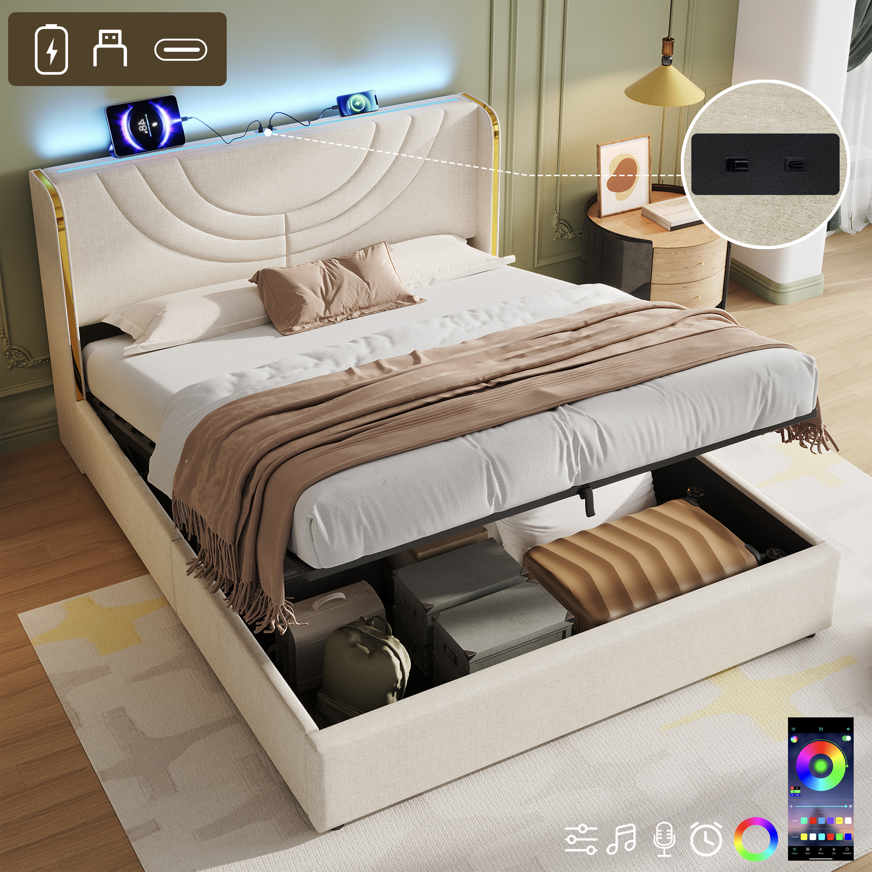 4ft6 Double Upholstered Bed Frame With Hydraulic Storage, LED Headboard With Charging Station And Chrome Trim, USB And Type-C Ports, Linen, No Box Spring Needed, Beige  No Mattress
