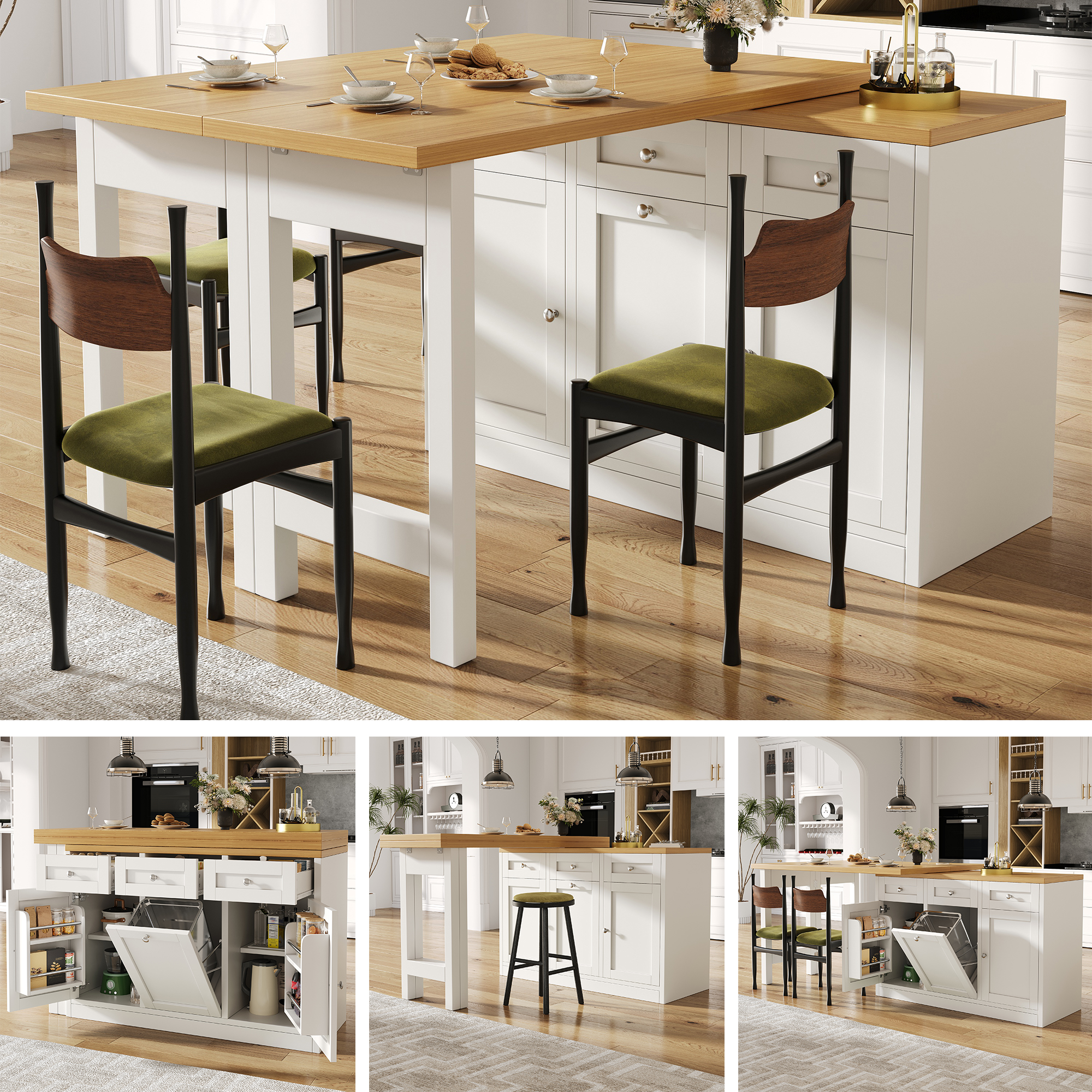 Extendable Bar Table With Storage Space, Fold Out Dining Table With Drawer And Snack Tray, Pull-out Bin Holder  Bin Not Included , Space-saving Design For Small Flats, Kitchens, Balconies,White