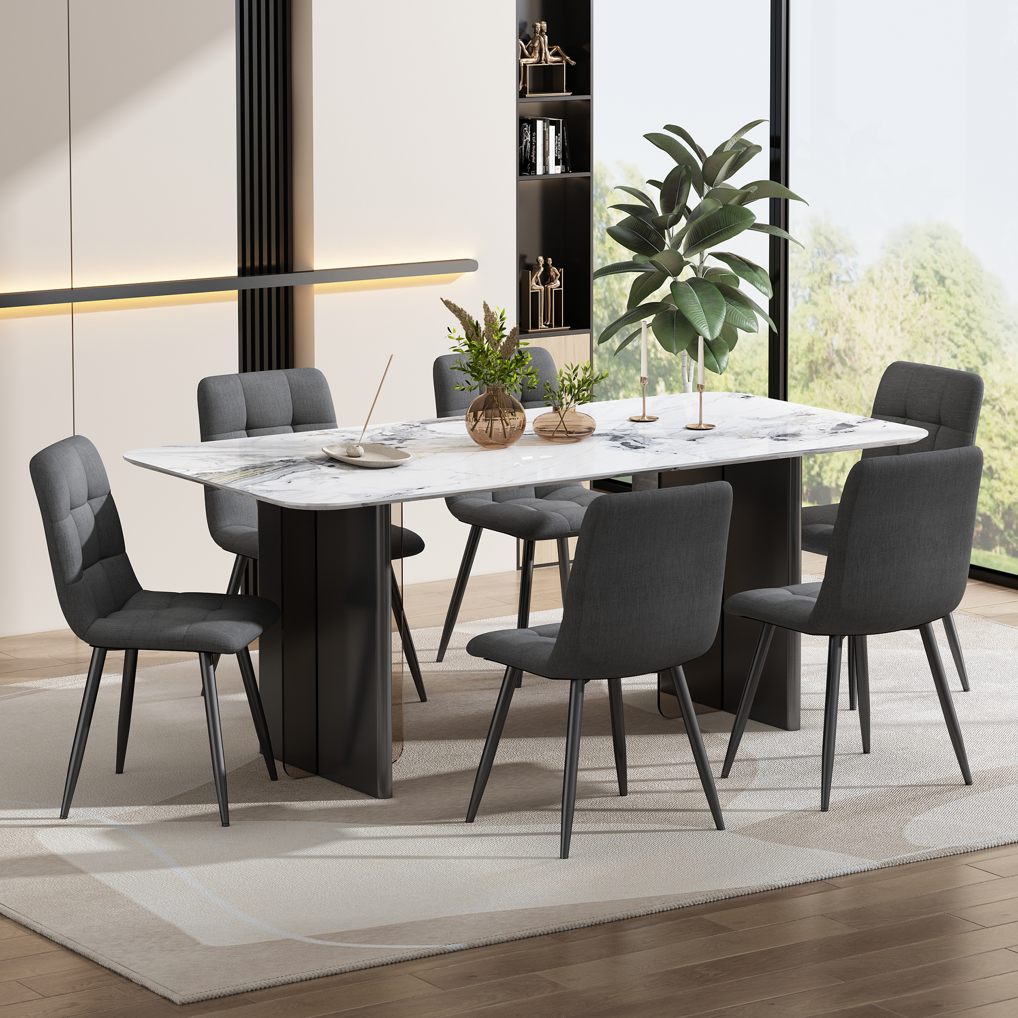 Dining Chair  4 Pcs , Dark Grey,4-Set Linen Upholstered Chair Design Chair With Backrest,Seat In Linen, Metal Frame