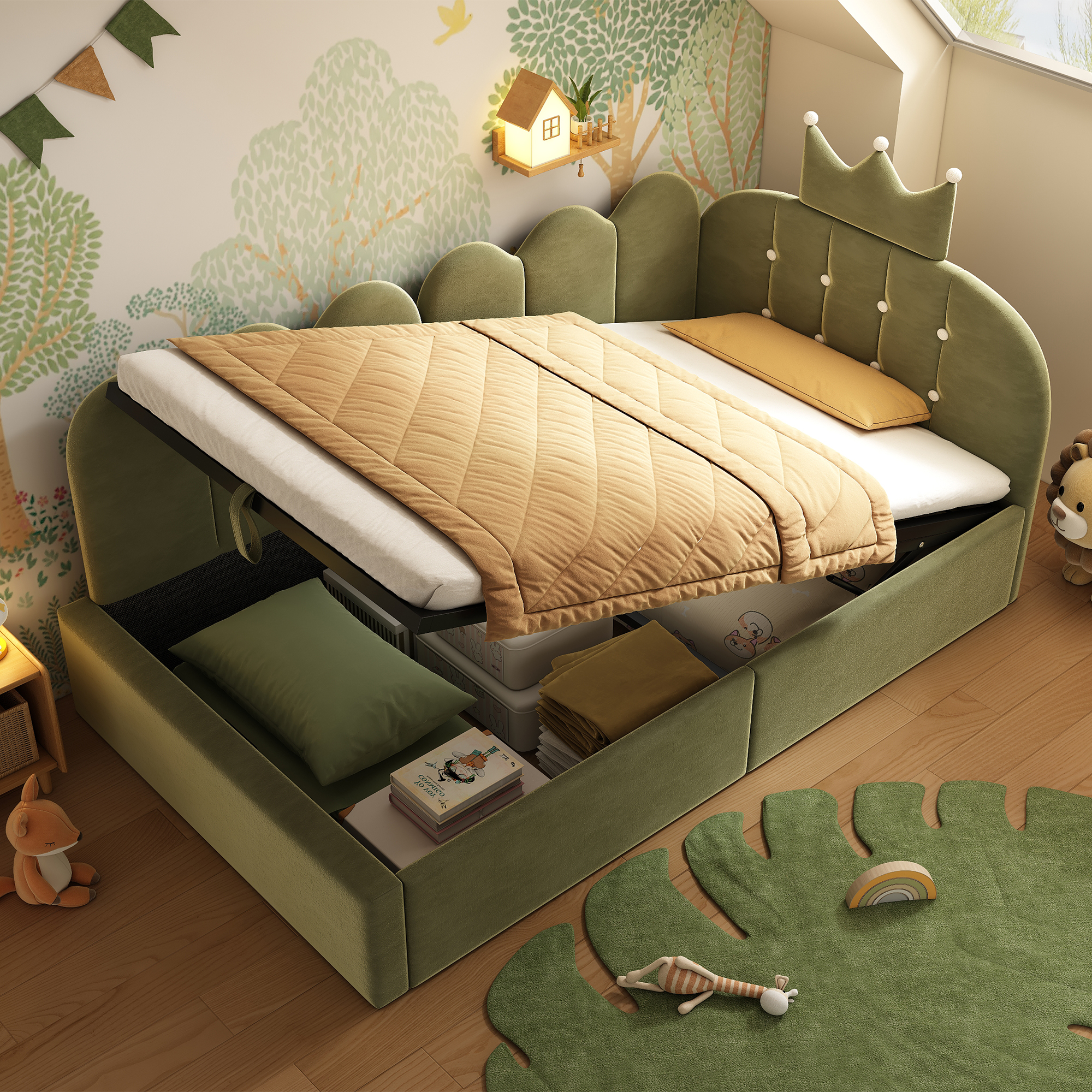Upholstered Daybed With Hydraulic Storage, 3FT Single Sofa Bed 90 X 190 Cm, Crown-shaped Bed Guest Beds For Adults & Children, Velvet, Green  No Mattress