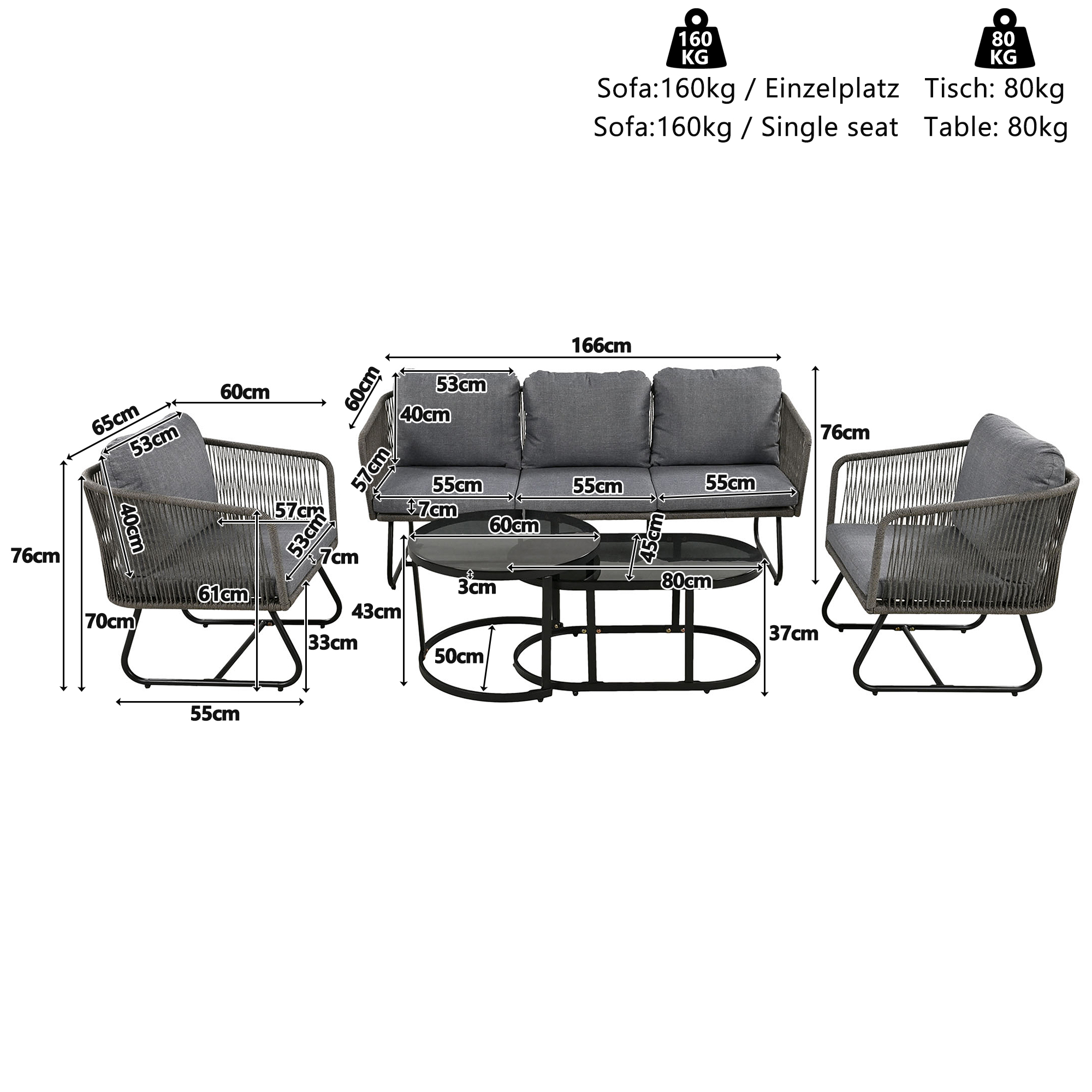 Outdoor Patio&Backyard Furniture Garden Lounge Set, Thick Quality Space Saving Sofas With Glass Coffee Table, Grey