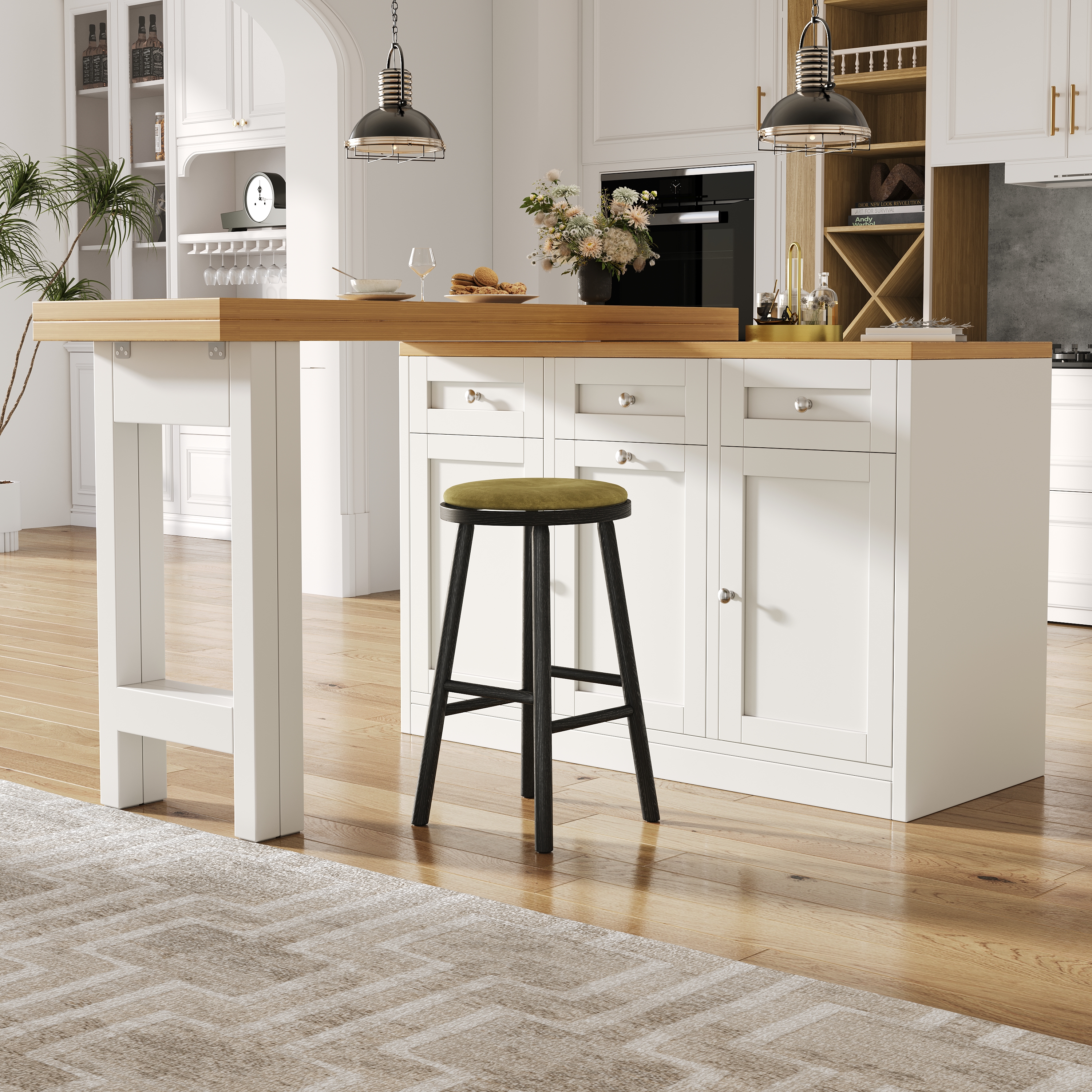 Extendable Bar Table With Storage Space, Fold Out Dining Table With Drawer And Snack Tray, Pull-out Bin Holder  Bin Not Included , Space-saving Design For Small Flats, Kitchens, Balconies,White
