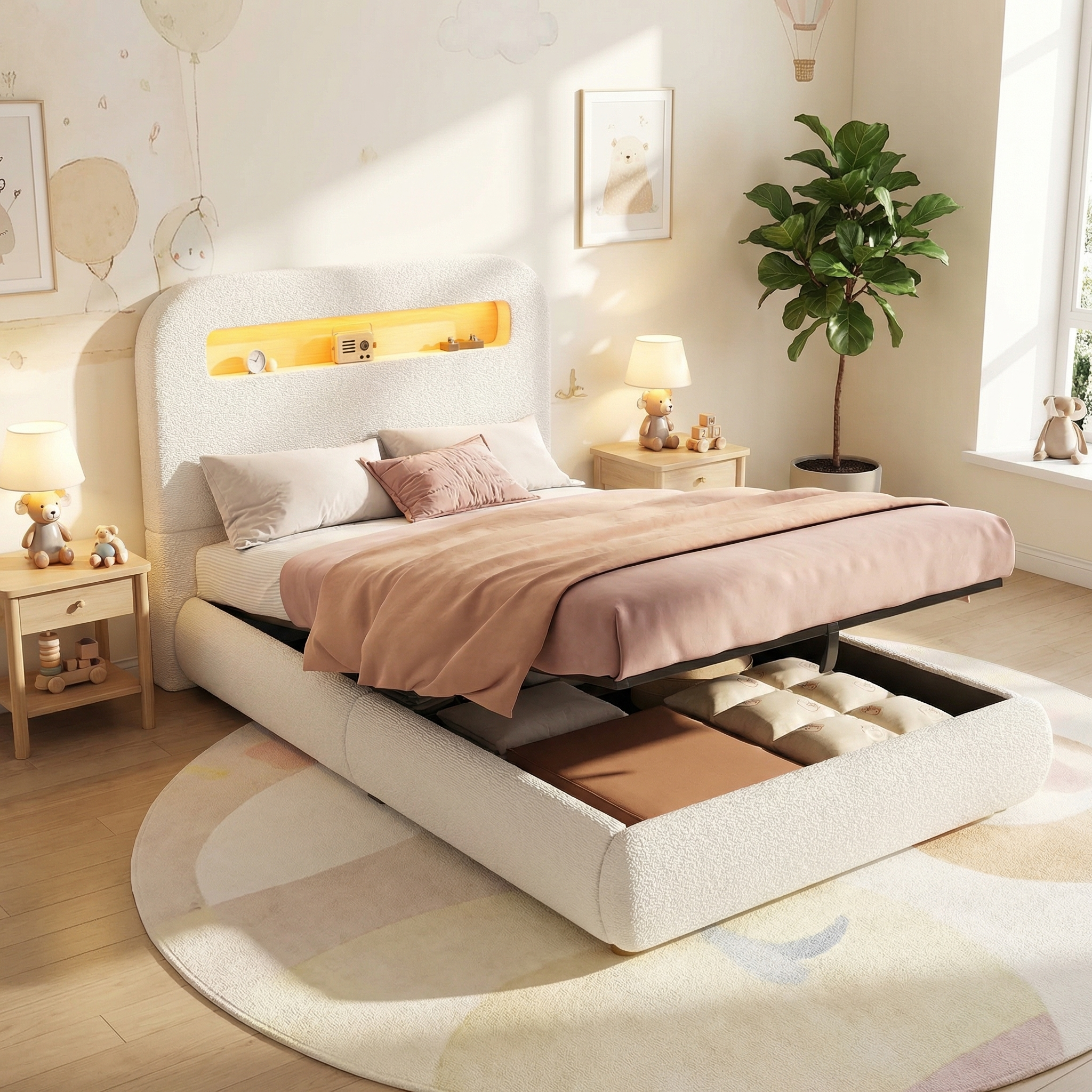 Upholstered Bed, Single Bed, Childrens Bed, 3ft-90 X 190cm, Hydraulic Bed, Bed With Headboard And Large Storage Space, LED Lighting, Solid Wood Legs, White, Boucle