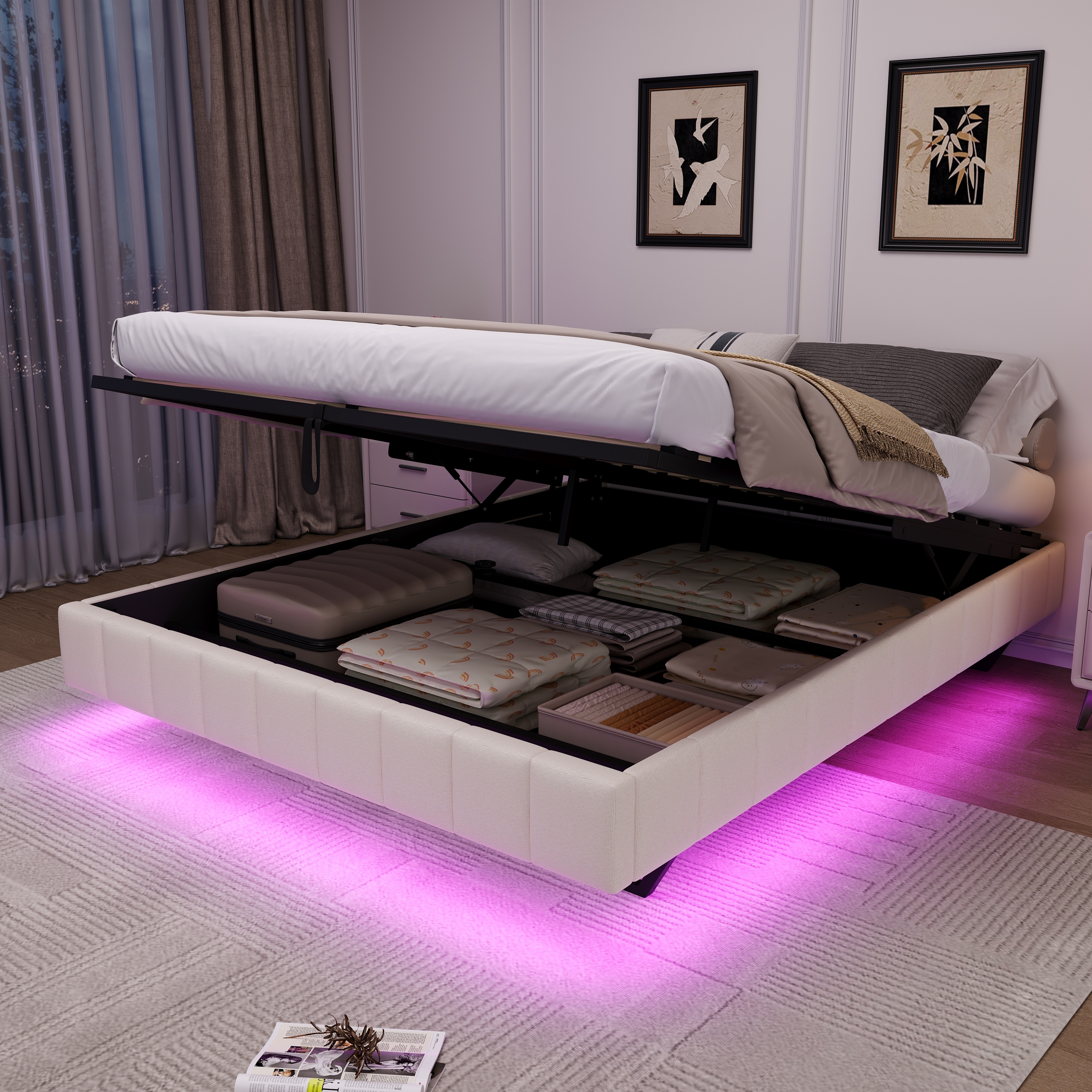 4ft6 Double Floating Bed Frame With Hydraulic Under-bed Storage & Smart RGB LED Lights, No Headboard Upholstered Bed With Concealed Anti-Collision Leg, Linen Fabric, Beige  No Mattress
