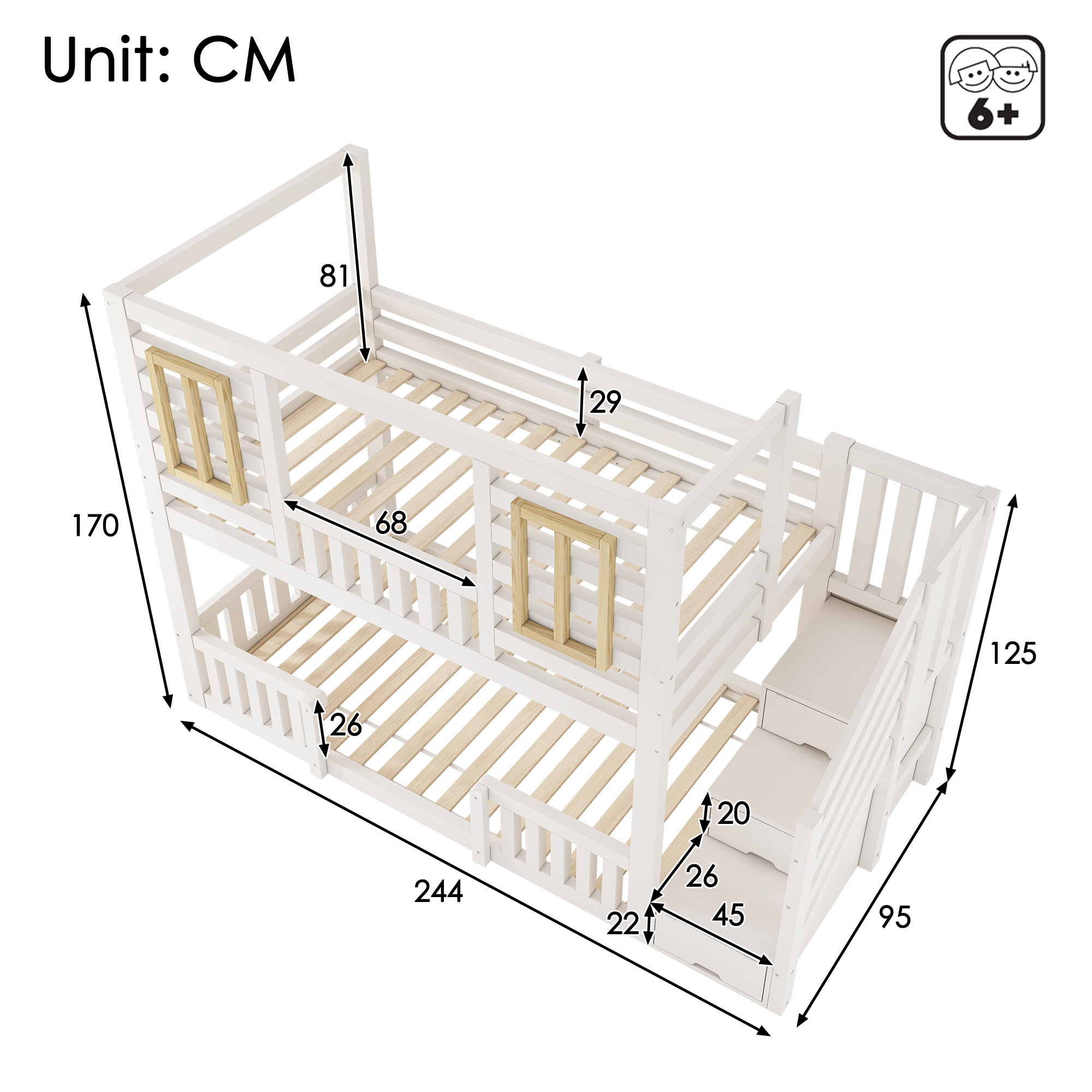Bunk Beds For Kids, Wooden Cabin Bed With Staircase Storage, Multi-functional Tree-house Bed, Children's House Bed, Twin Sleeper  90 90  X 190 Cm, Solid Wood, White