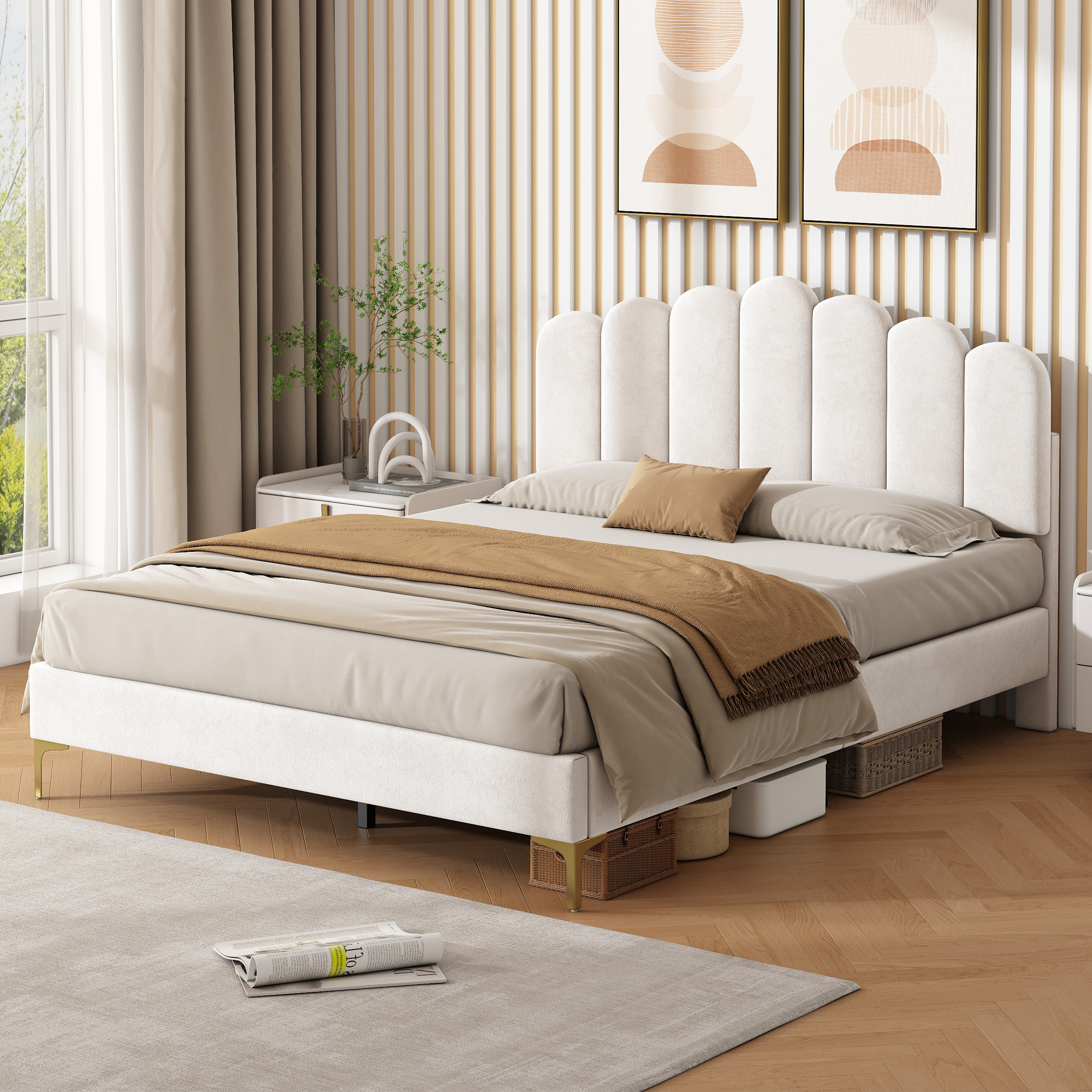 4ft6 Double Premium Velvet Upholstered Bed Frame With Scalloped Channel Tufted Design, Height Adjustable Headboard & Gold Metal Feet, Under-bed Storage Space, No Box Spring Needed, Beige  No Mattress