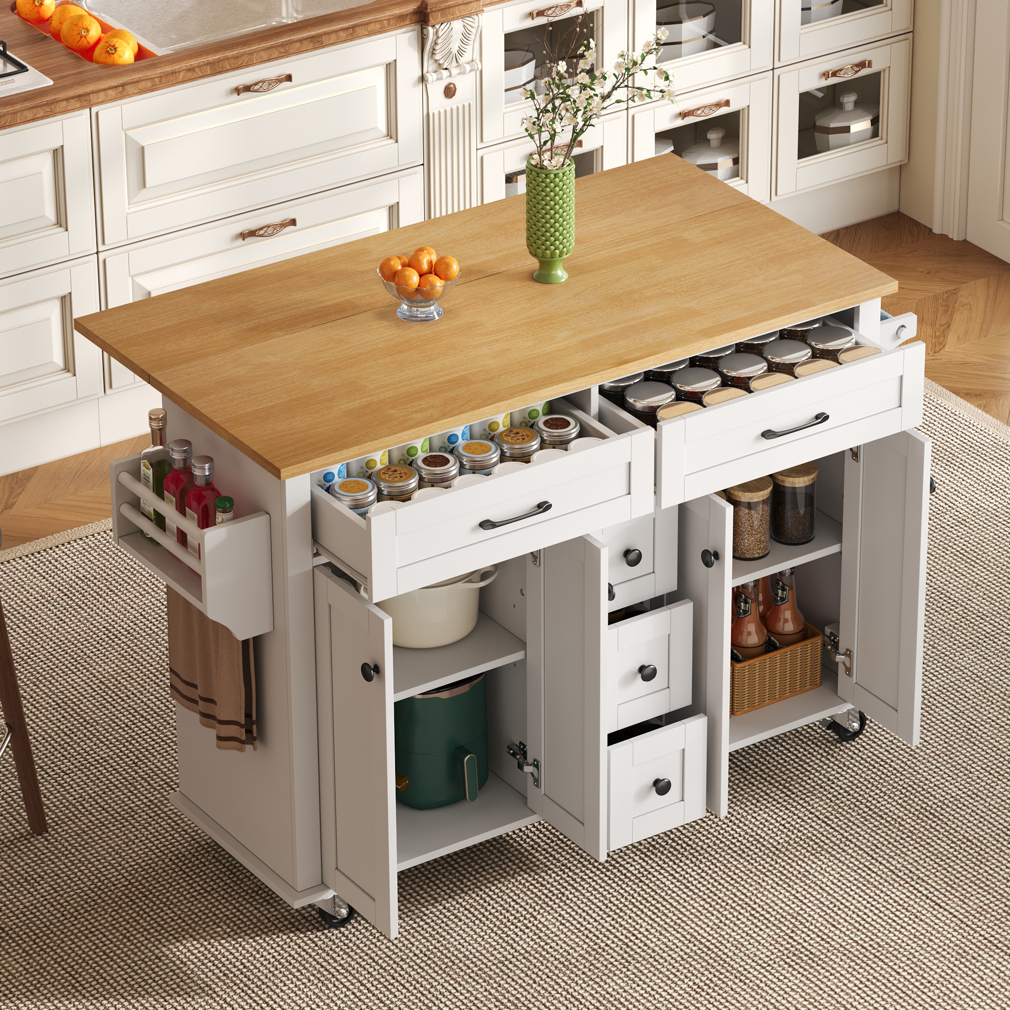Kitchen Island On Wheels, Dropleaf  Trolley, Rolling Cart With Foldable Countertop,  5 Drawers, Spice & Towel Holders,lockable Wheels, For Kitchen, Dining Room & Living Room,120x65x89 Cm