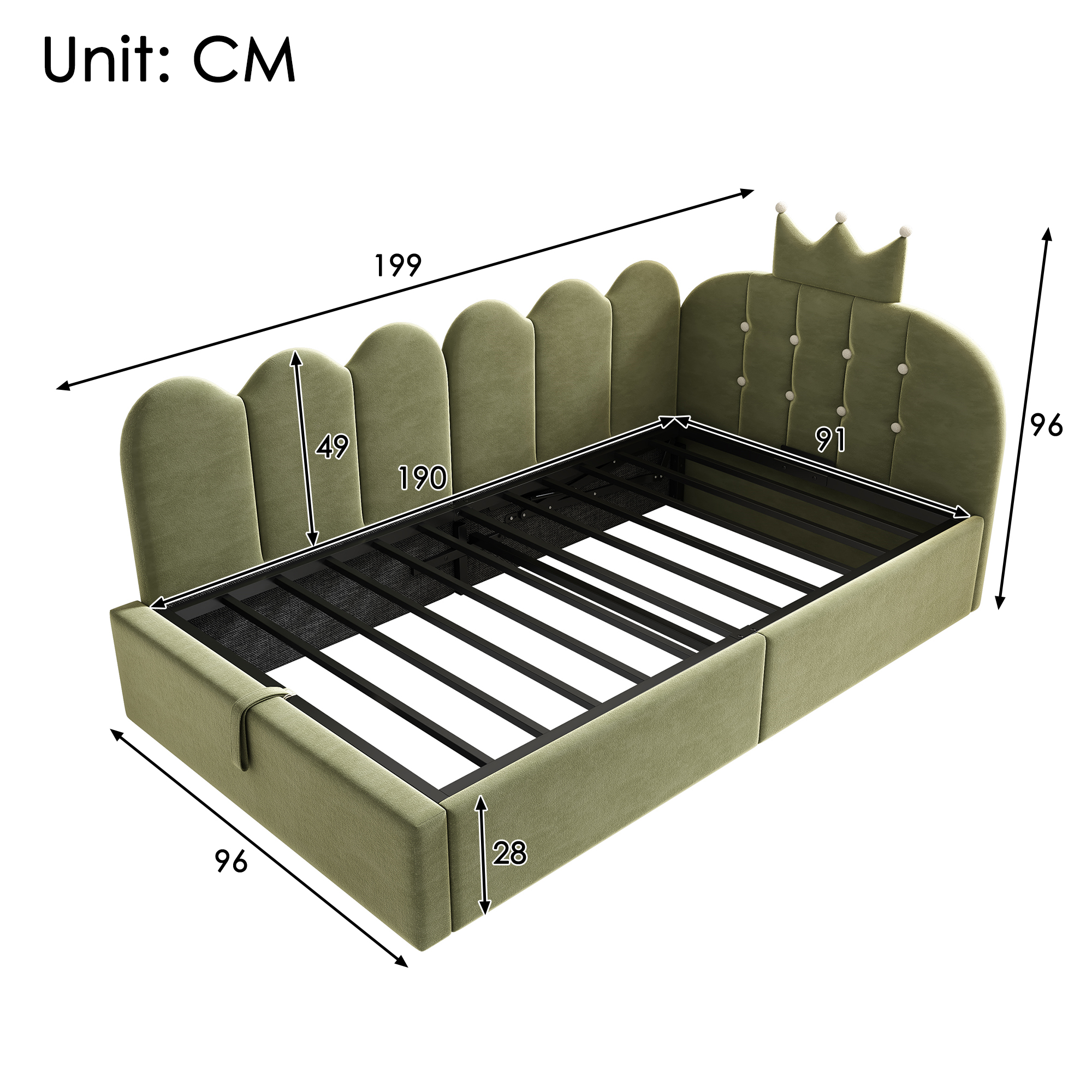 Upholstered Daybed With Hydraulic Storage, 3FT Single Sofa Bed 90 X 190 Cm, Crown-shaped Bed Guest Beds For Adults & Children, Velvet, Green  No Mattress