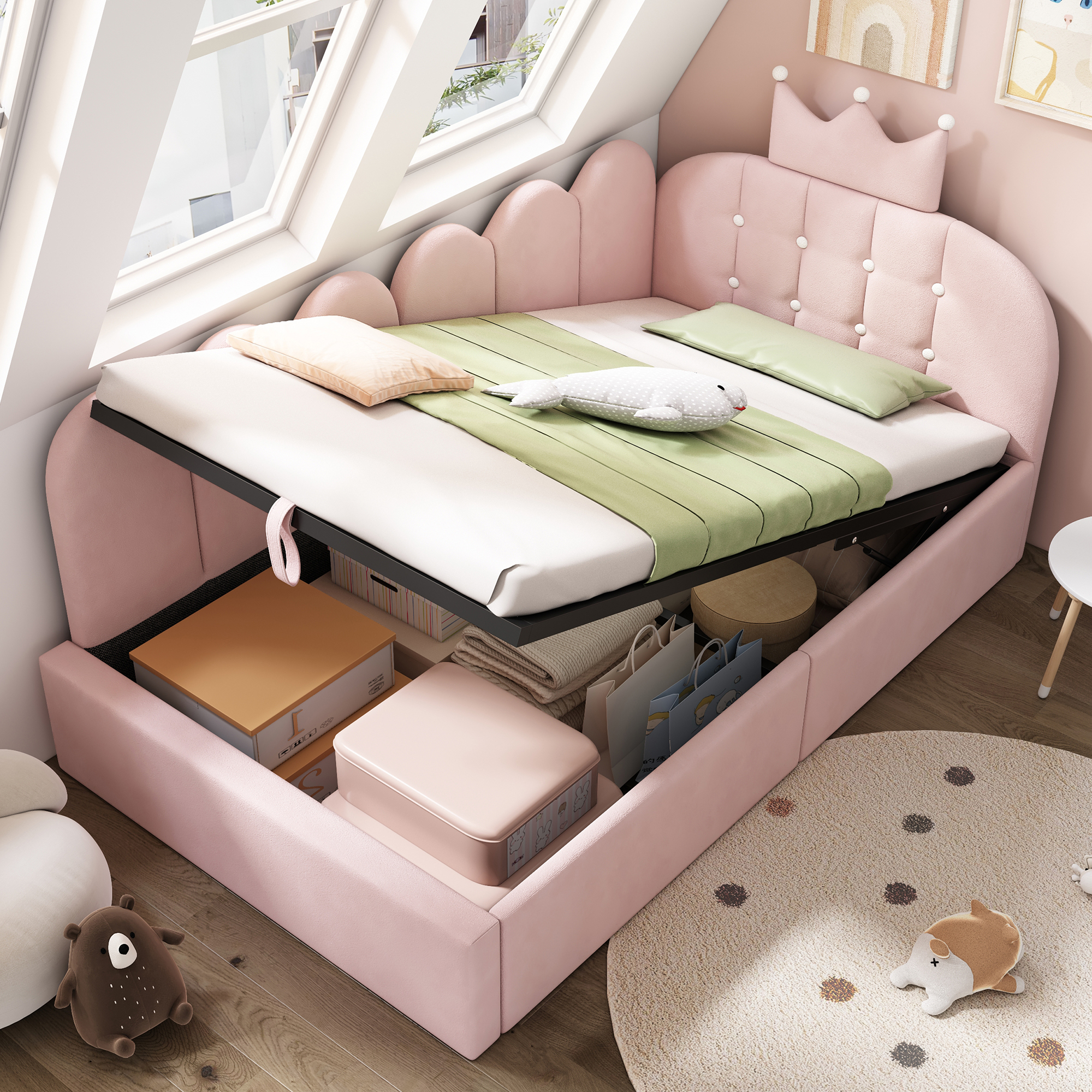 Upholstered Daybed With Hydraulic Storage, 3FT Single Sofa Bed 90 X 190 Cm, Crown-shaped Bed Guest Beds For Adults & Children, Velvet,  No Mattress