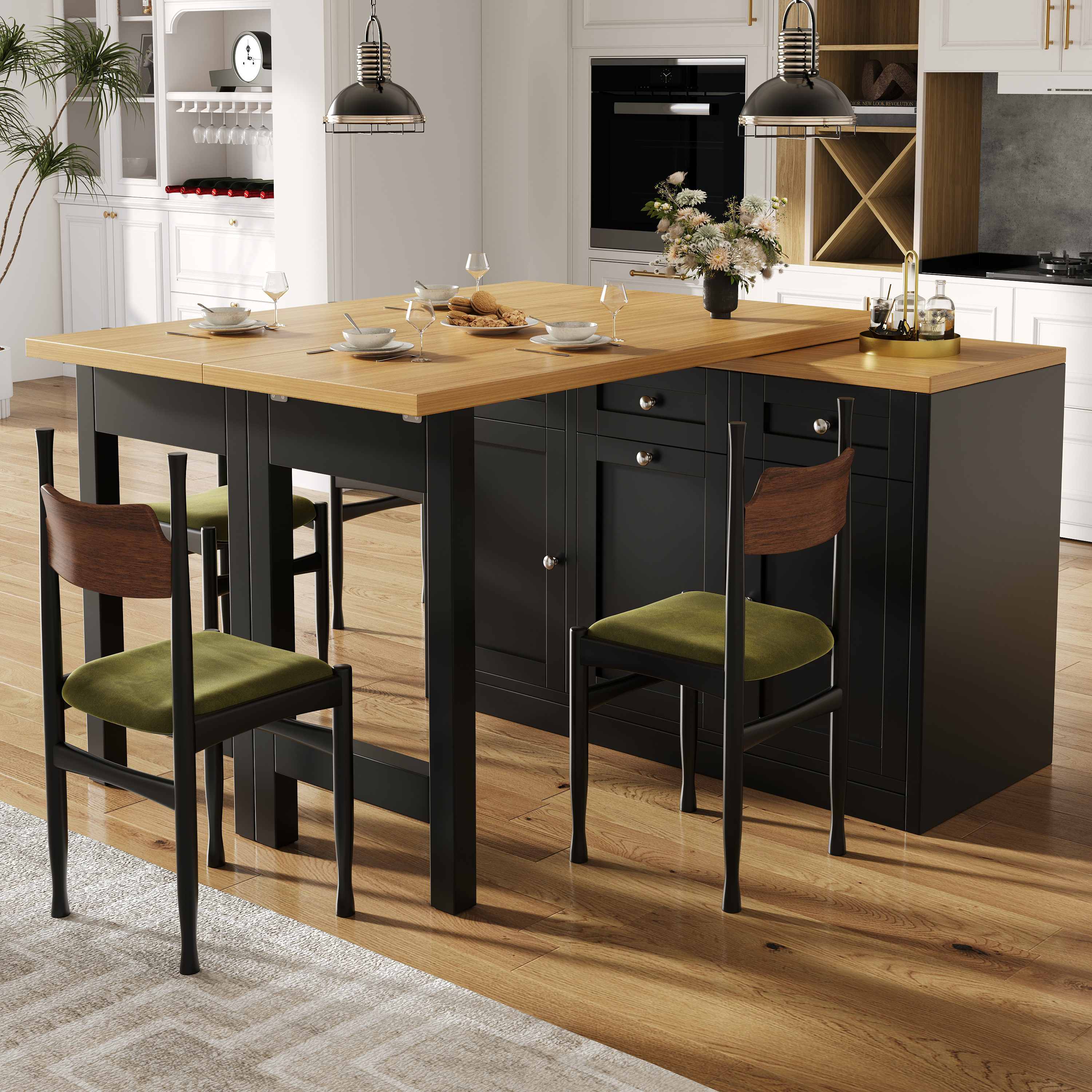 Extendable Bar Table With Storage Space, Fold-out Dining Table With Drawer And Snack Tray, Pull Out Bin Holder  Bin Not Included , Space-saving Design For Small Flats, Kitchens, Balconies,Black