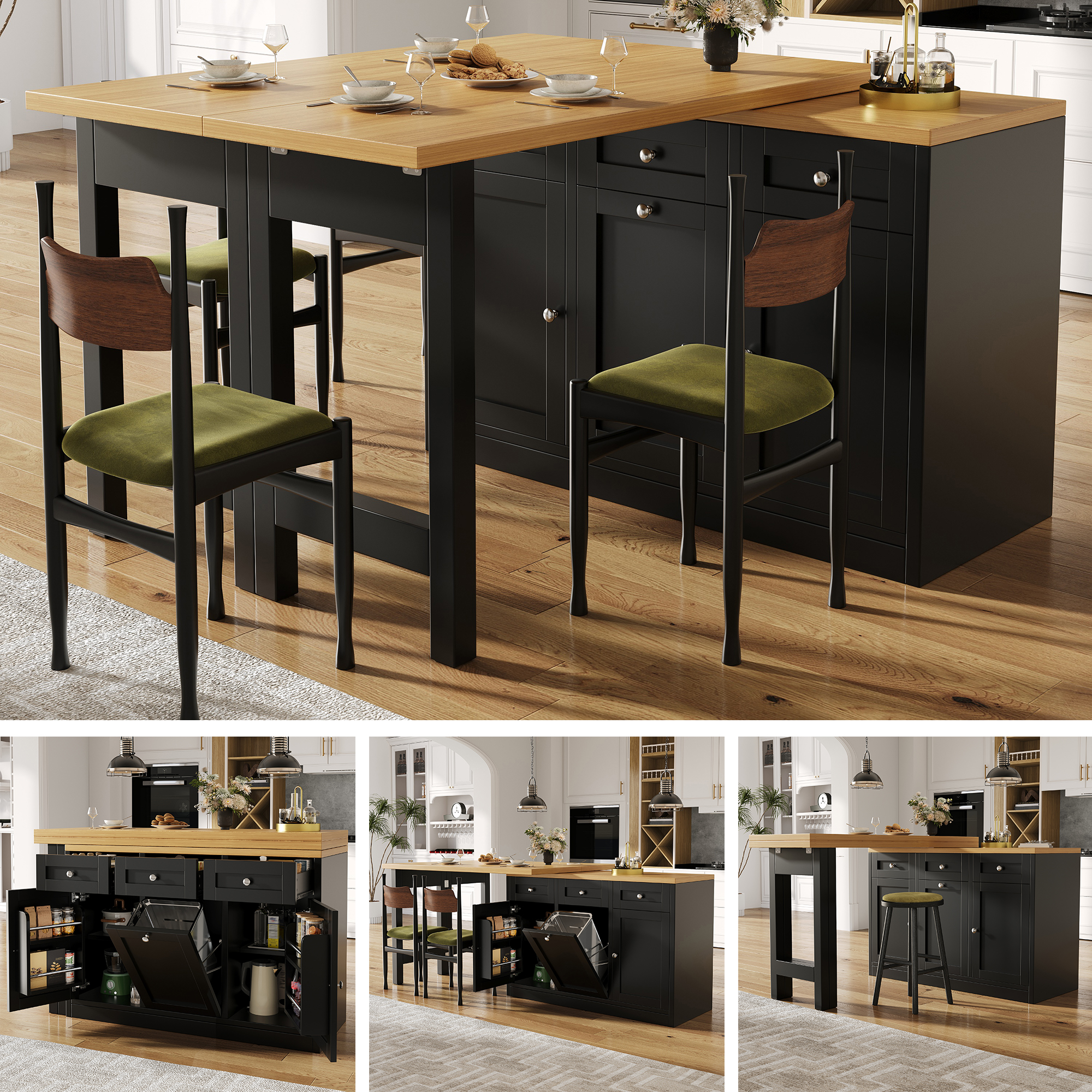 Extendable Bar Table With Storage Space, Fold-out Dining Table With Drawer And Snack Tray, Pull Out Bin Holder  Bin Not Included , Space-saving Design For Small Flats, Kitchens, Balconies,Black