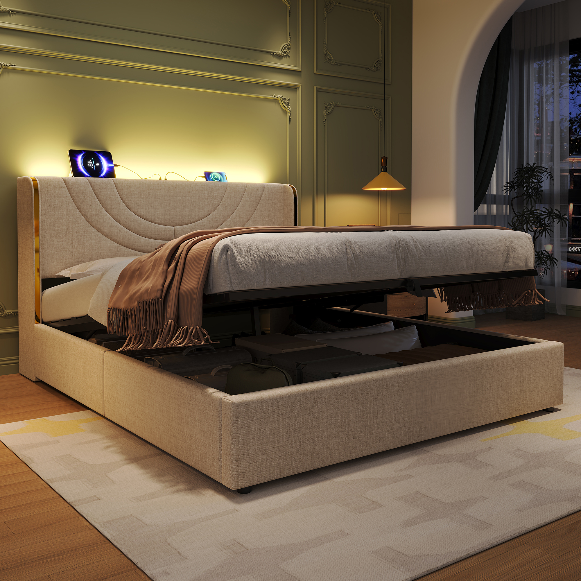 4ft6 Double Upholstered Bed Frame With Hydraulic Storage, LED Headboard With Charging Station And Chrome Trim, USB And Type-C Ports, Linen, No Box Spring Needed, Beige  No Mattress