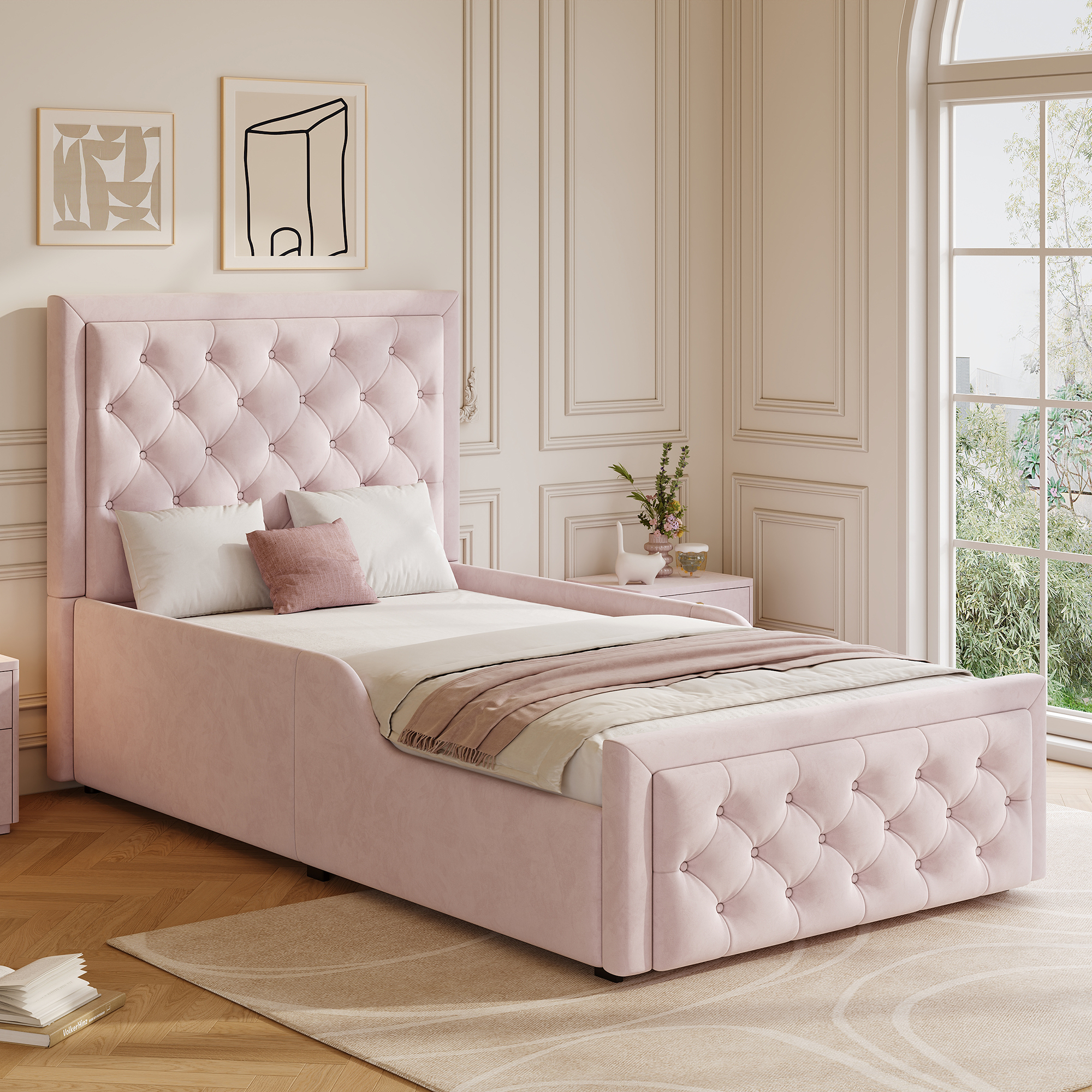 Upholstered Bed, Single Bed, Children's Bed, 3ft-90 X 190cm, Hydraulic Bed, Bed With Headboard And Large Storage Space, Upholstered Headboard, Pink, Velvet