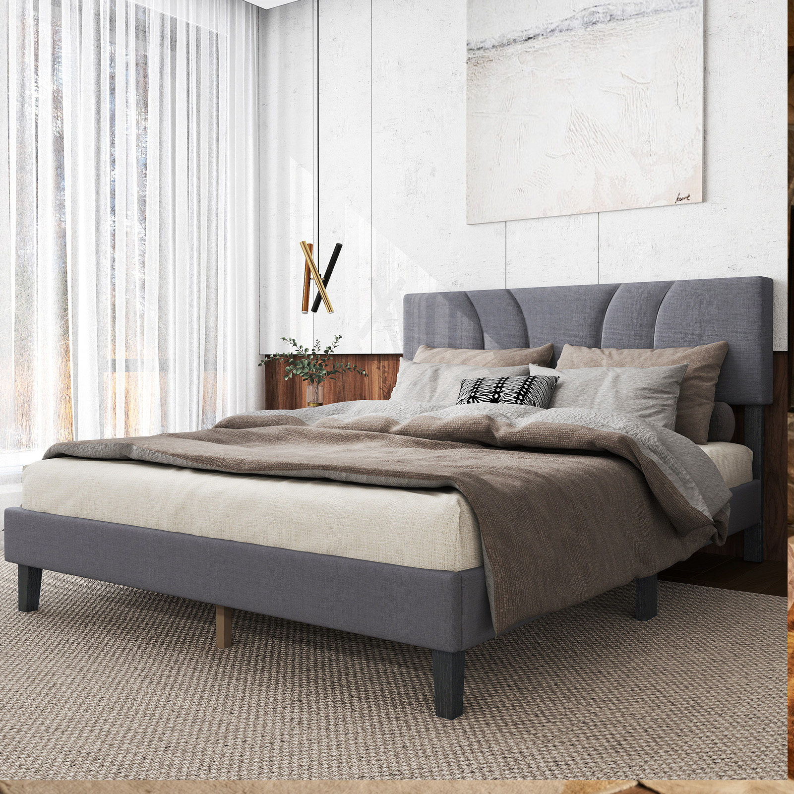 Full Size Platform Bed Frame With Adjustable Fabric Upholstered Headboard And Wood Slats Support Fully Upholstered Mattress Foundation No Box Spring Needed Easy Assembly Dark Gray