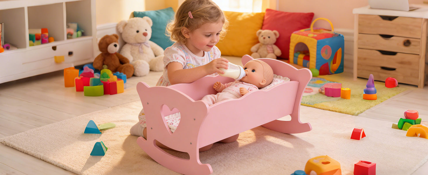 Wooden Cradle For 20 Inch Dolls Kids Role Play Easy Assembly Baby Doll Bed With Pillow Mattress Pink
