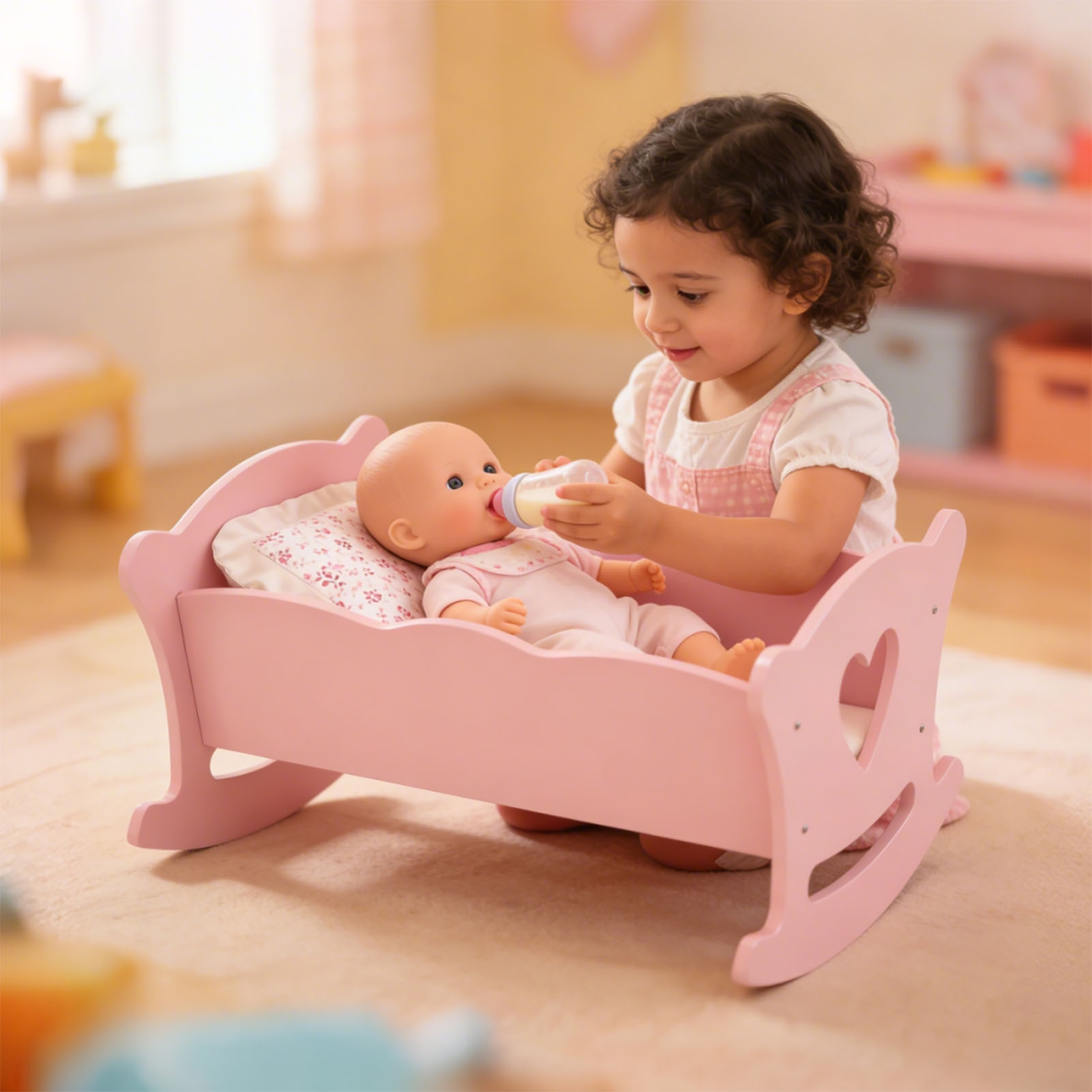 Wooden Cradle For 20 Inch Dolls Kids Role Play Easy Assembly Baby Doll Bed With Pillow Mattress Pink