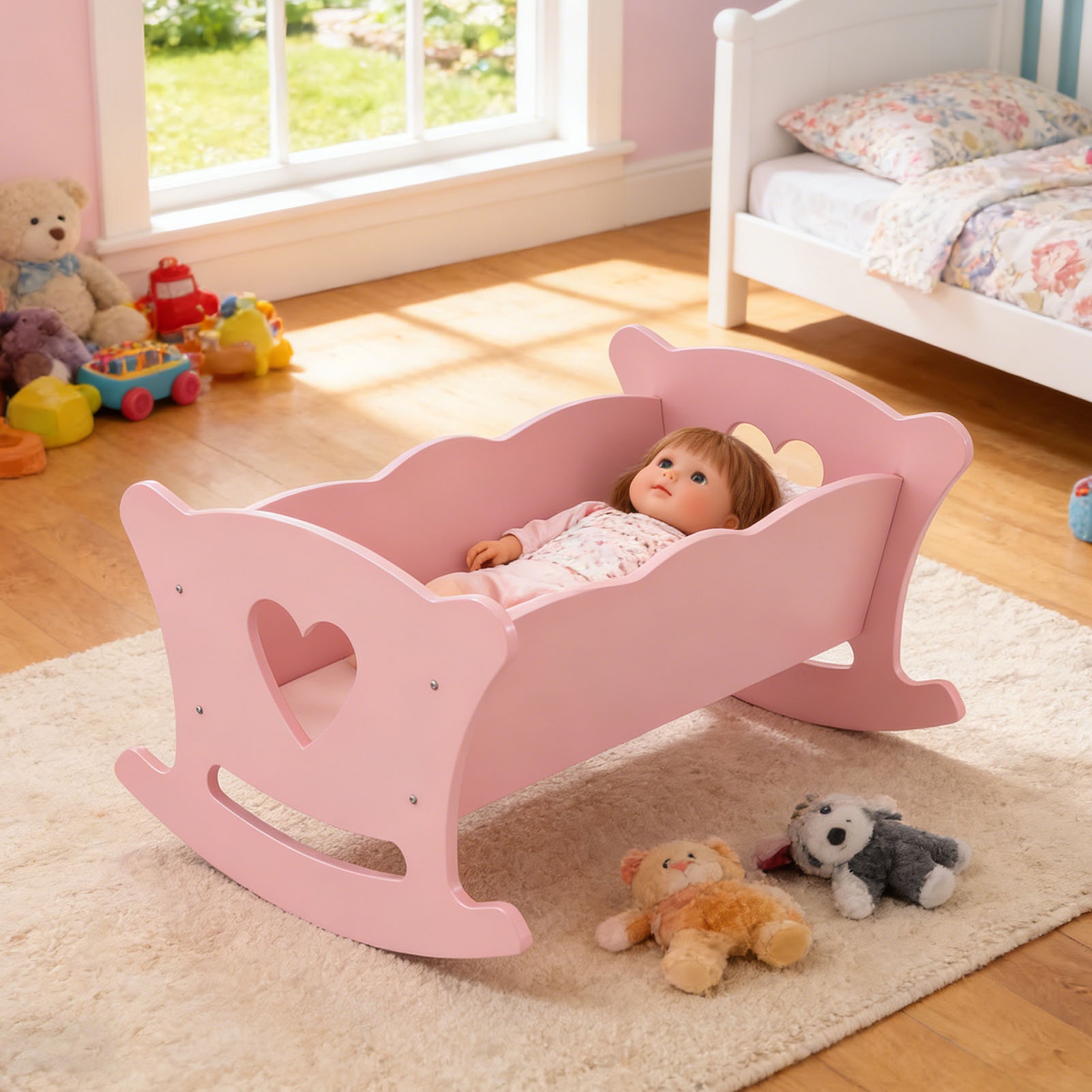 Wooden Cradle For 20 Inch Dolls Kids Role Play Easy Assembly Baby Doll Bed With Pillow Mattress Pink