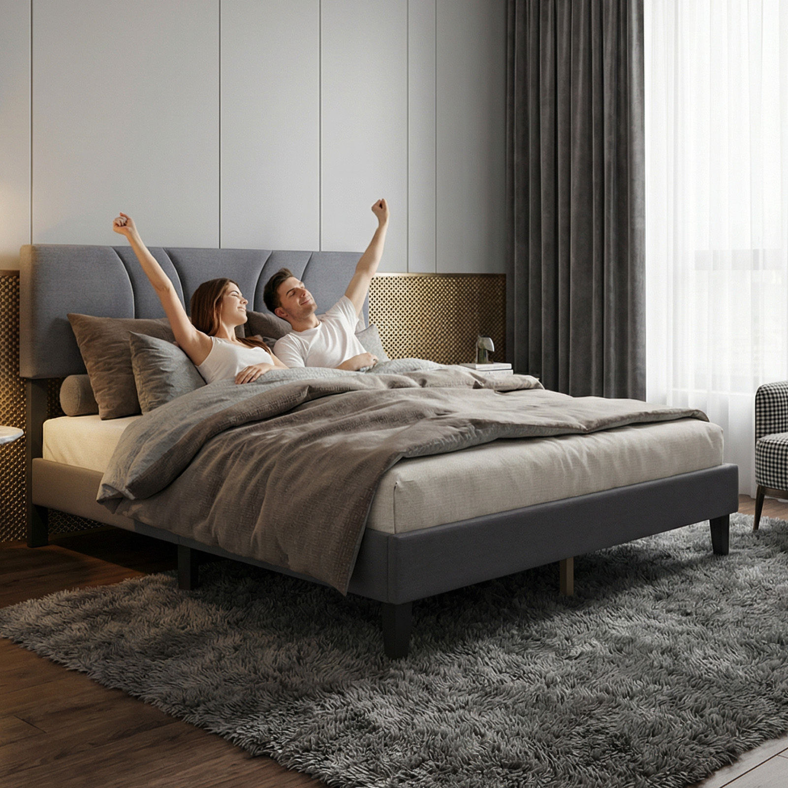 Full Size Platform Bed Frame With Adjustable Fabric Upholstered Headboard And Wood Slats Support Fully Upholstered Mattress Foundation No Box Spring Needed Easy Assembly Dark Gray