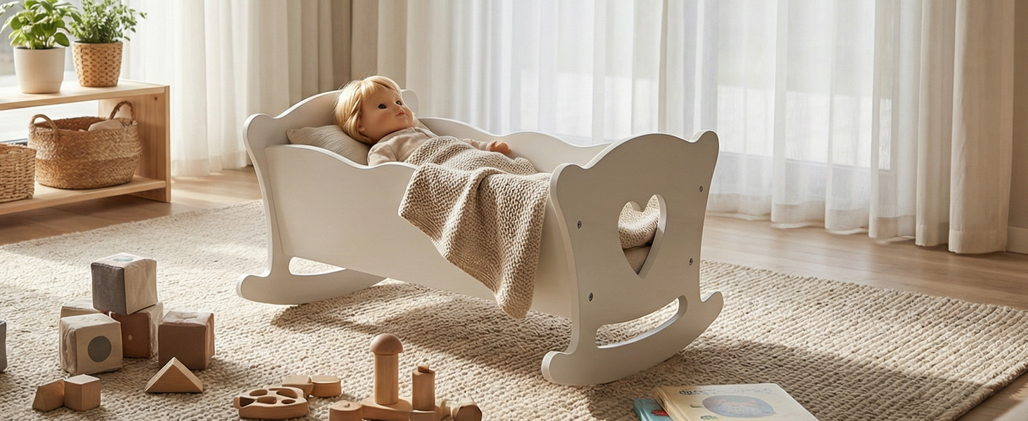 Wooden Play Doll Cradle Rocking Baby Doll Crib With Pink Bedding Set For Dolls Up To 20 Inches