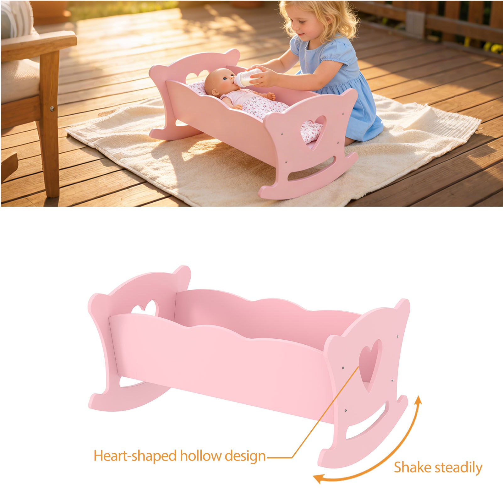 Wooden Cradle For 20 Inch Dolls Kids Role Play Easy Assembly Baby Doll Bed With Pillow Mattress Pink