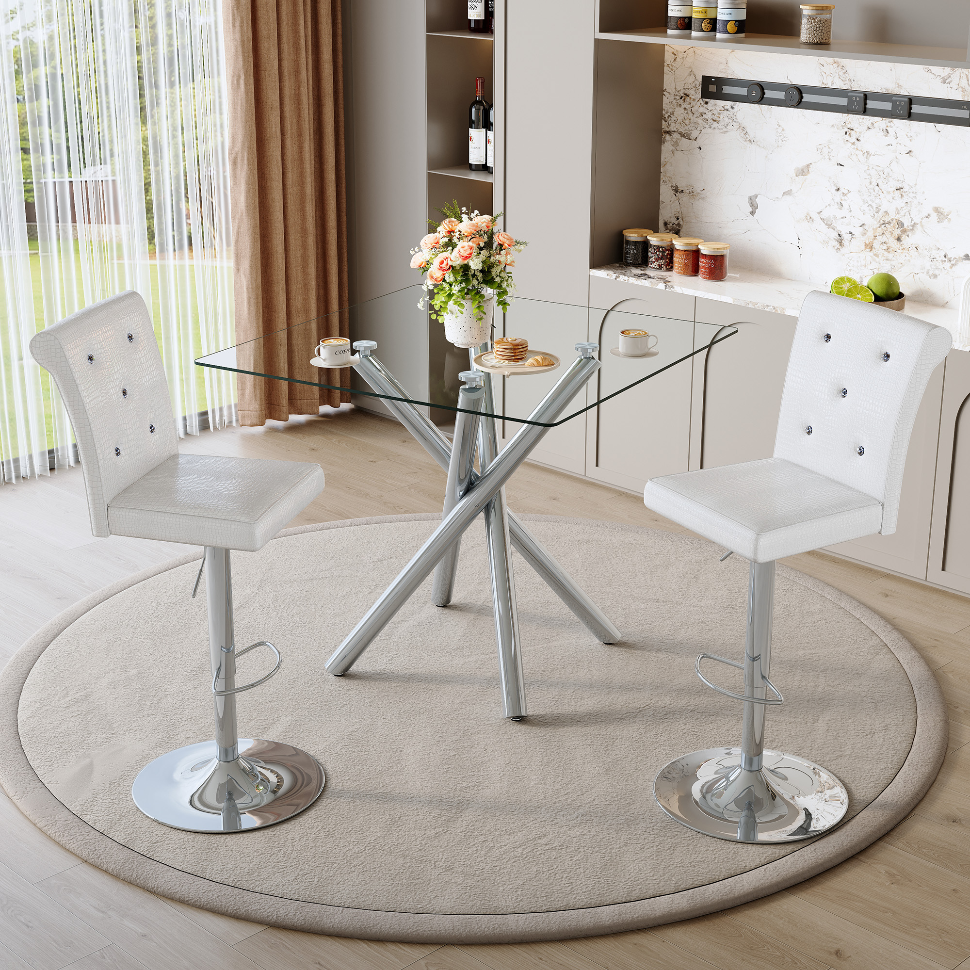 Modern Glass Bar Table And Adjustable Bar Stools Set Of 2, Contemporary Counter Height Pub Table With Chrome Legs, White PU Leather Swivel Bar Chairs For Kitchen Island, Home Bar, Small Space