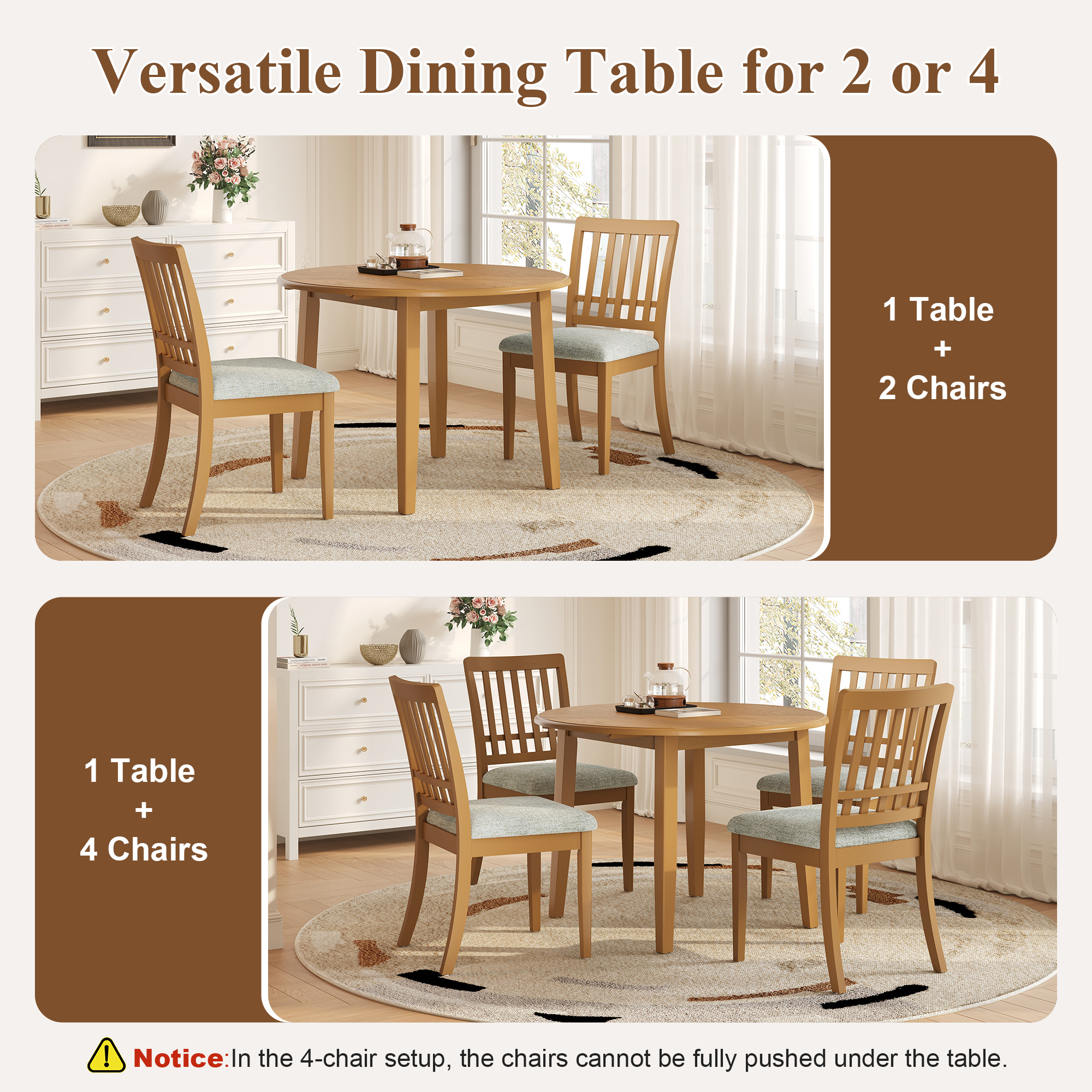 3-Piece Round Dining Table Set For 2 People, 1 Folding Wood Dining Table   2 Upholstered Chairs, Space-Saving Design For Small Apartments And Dining Areas -LIGHT BROWN
