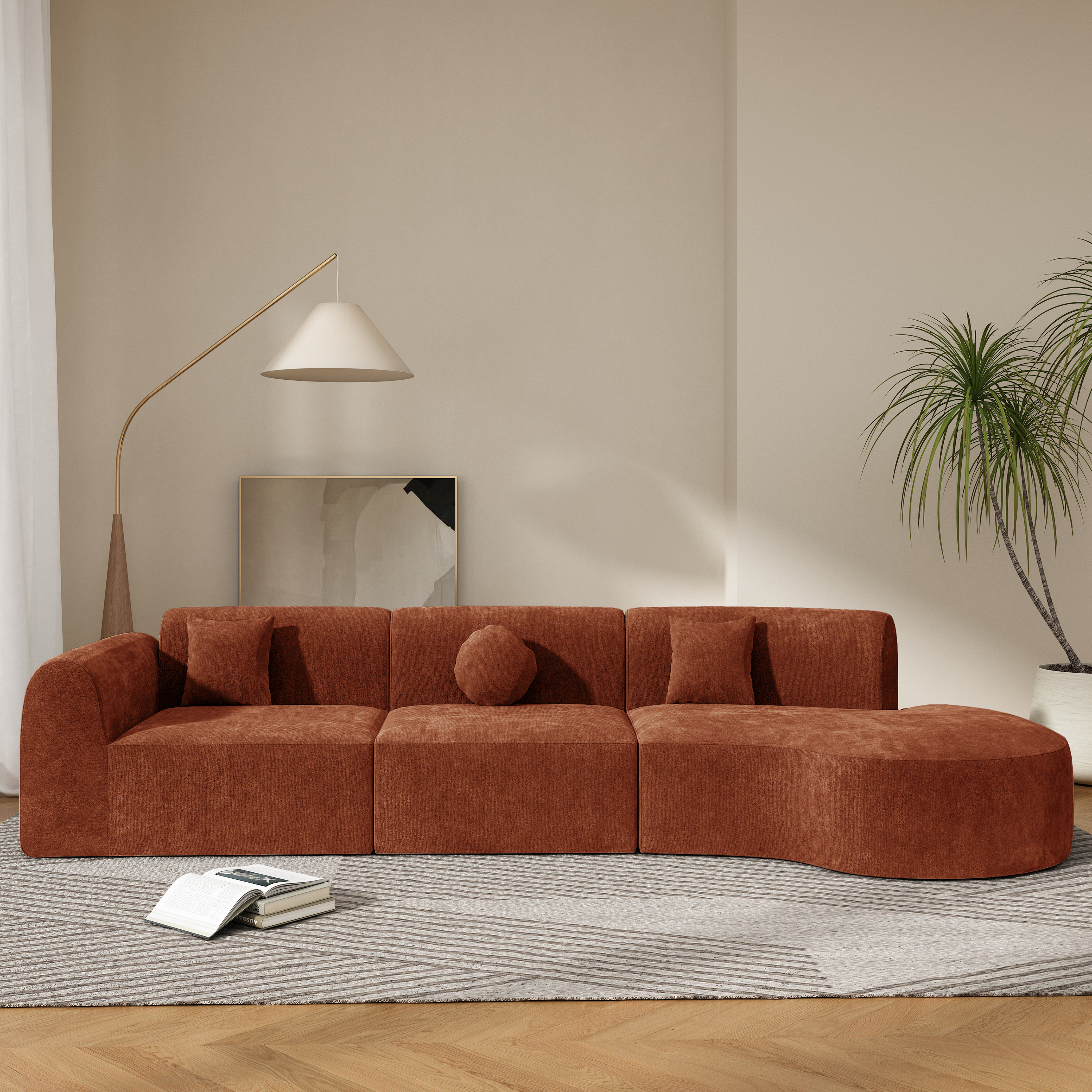140  Modern Curved Sectional Sofa With High-Density Fully Compressed Sponge And Chaise Lounge, 3-Piece Set, Fully Assembled Right Hand Facing, Perfect For Living Room, Lounge