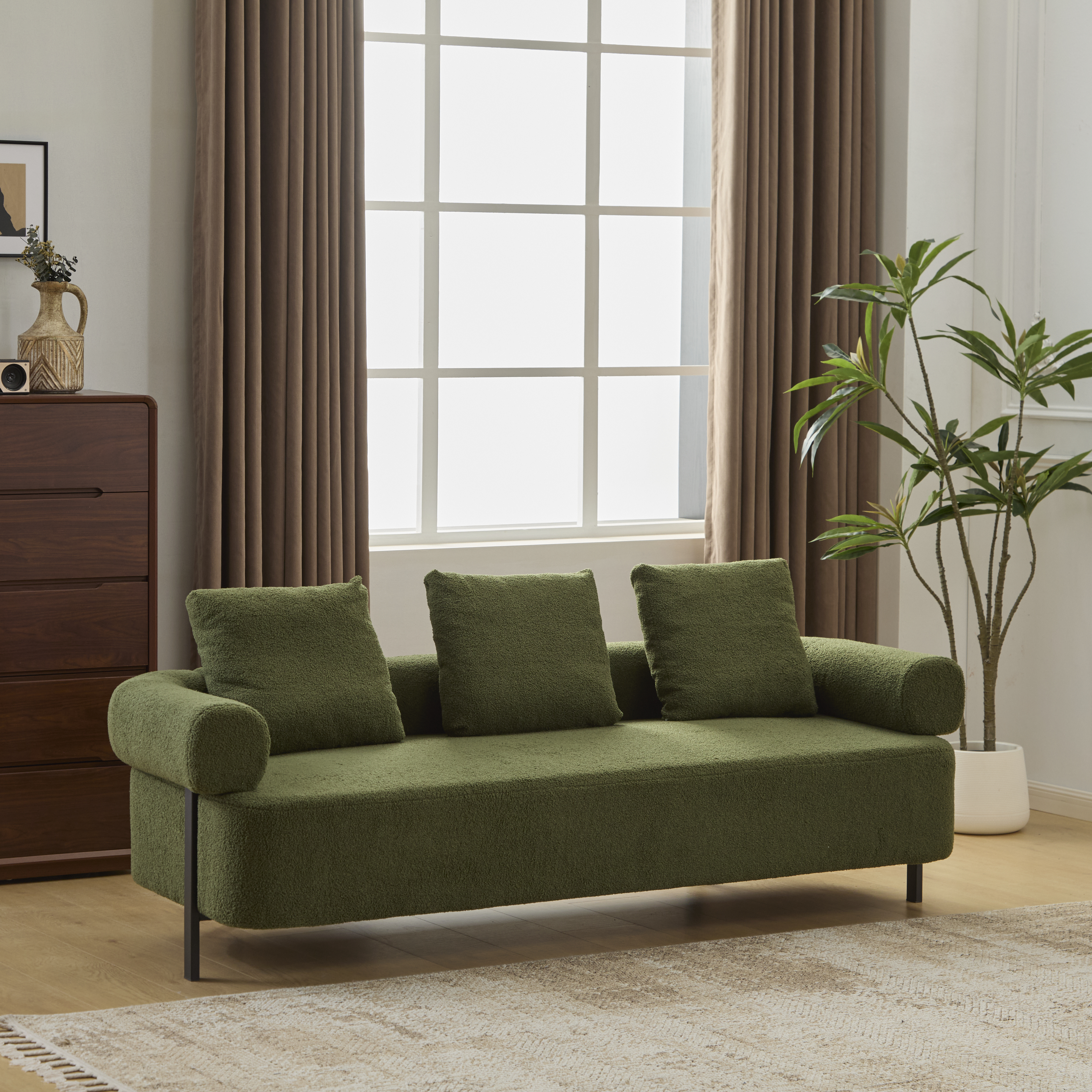 78  Modern 3-Seater Green Upholstered Sofa, Oversized Comfy Couch With 3 Plush Pillows For Living Room, Bedroom, Apartment