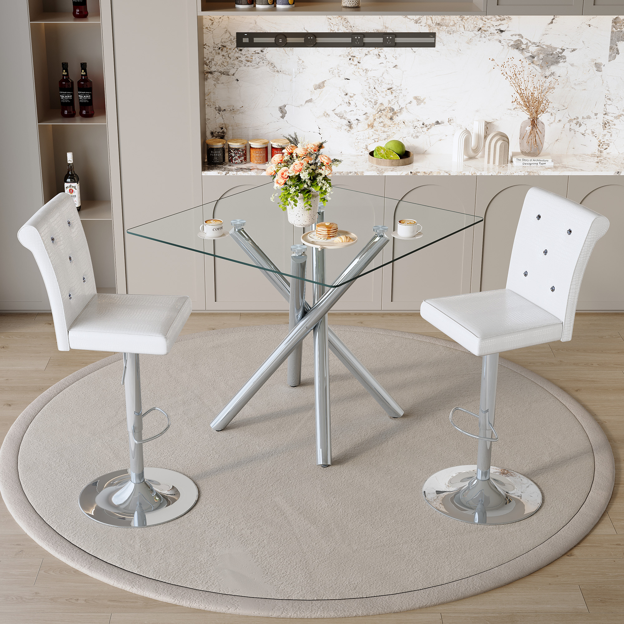 Modern Glass Bar Table And Adjustable Bar Stools Set Of 2, Contemporary Counter Height Pub Table With Chrome Legs, White PU Leather Swivel Bar Chairs For Kitchen Island, Home Bar, Small Space