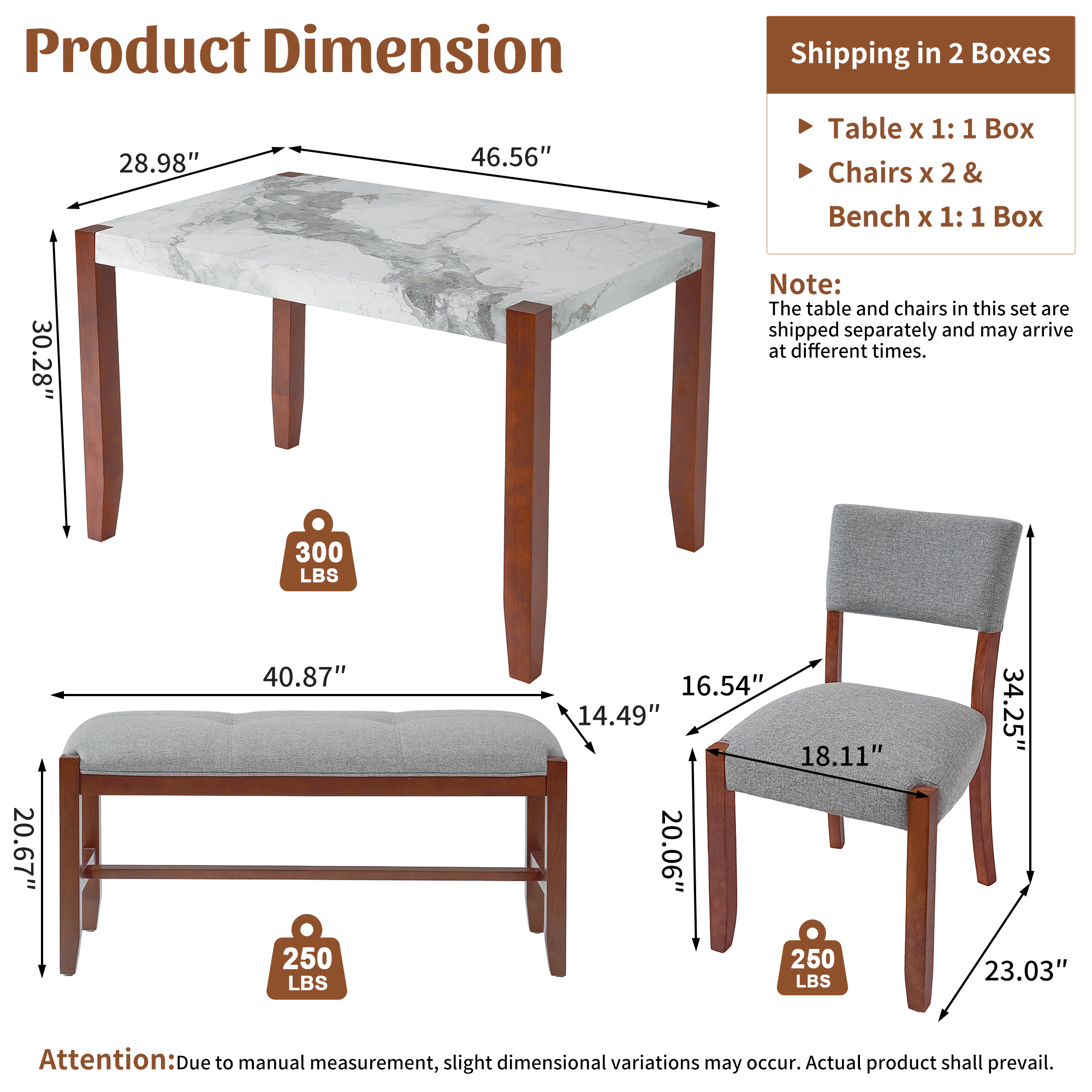 4-Piece Dining Set, 1 Marble-Look Table With 2 Upholstered Chairs And 1 Bench With Solid Rubber Wood Legs, Padded Seat, Curved Backrest, Space-Saving, Dining Room, Gray