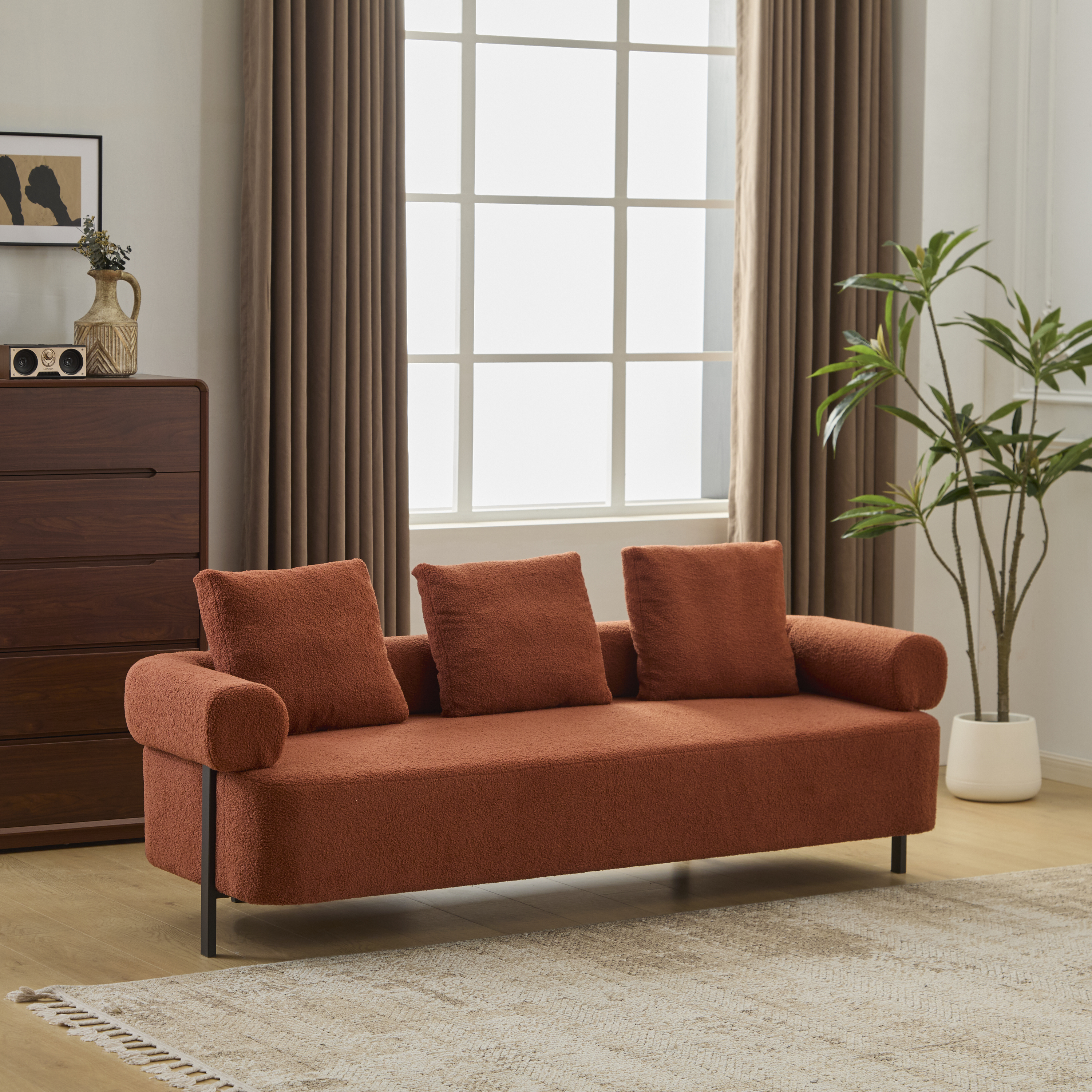 78  Modern 3-Seater Orange Upholstered Sofa, Oversized Comfy Couch With 3 Plush Pillows For Living Room, Bedroom, Apartment