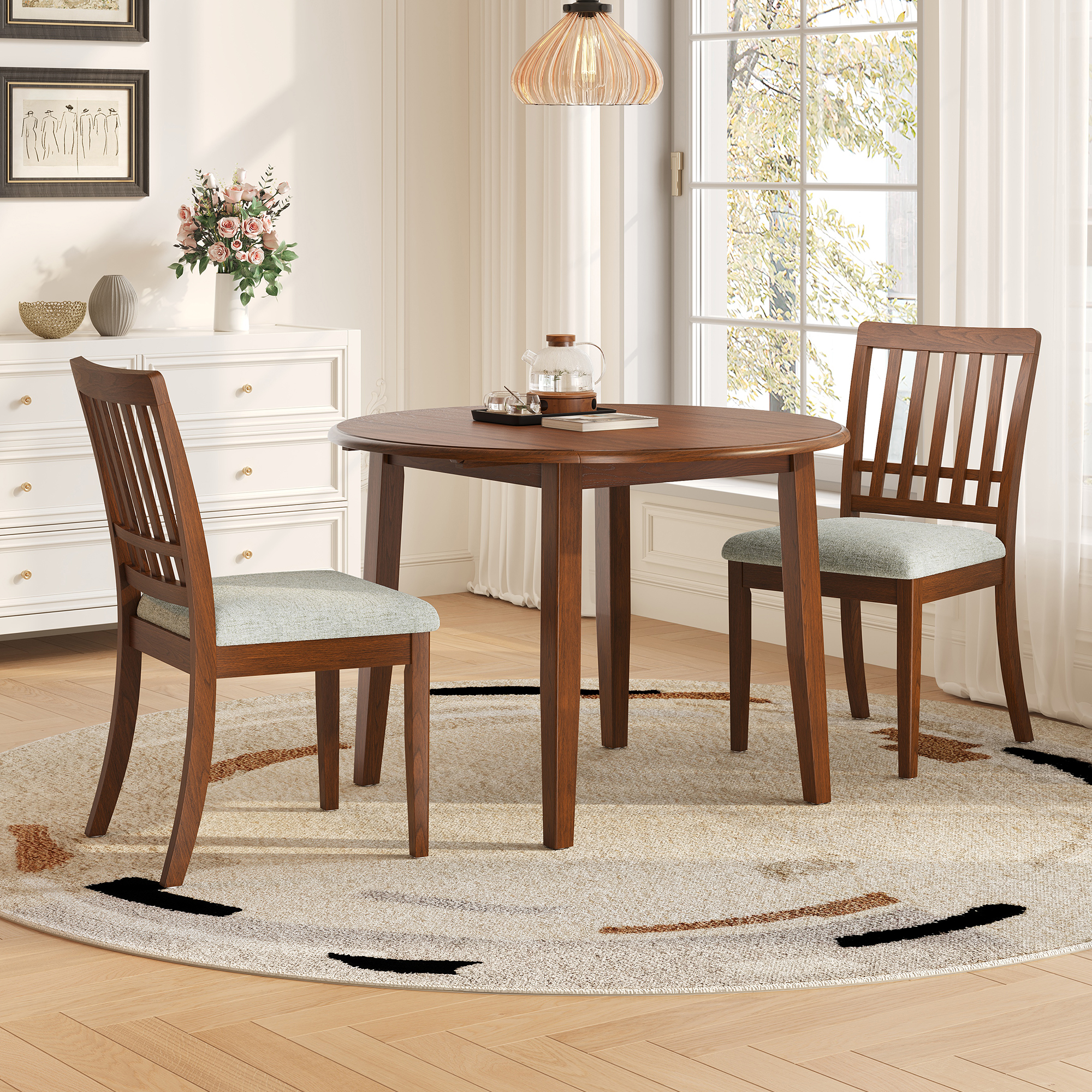 3-Piece Round Dining Table Set For 2 People, 1 Folding Wood Dining Table   2 Upholstered Chairs, Space-Saving Design For Small Apartments And Dining Areas - BROWN