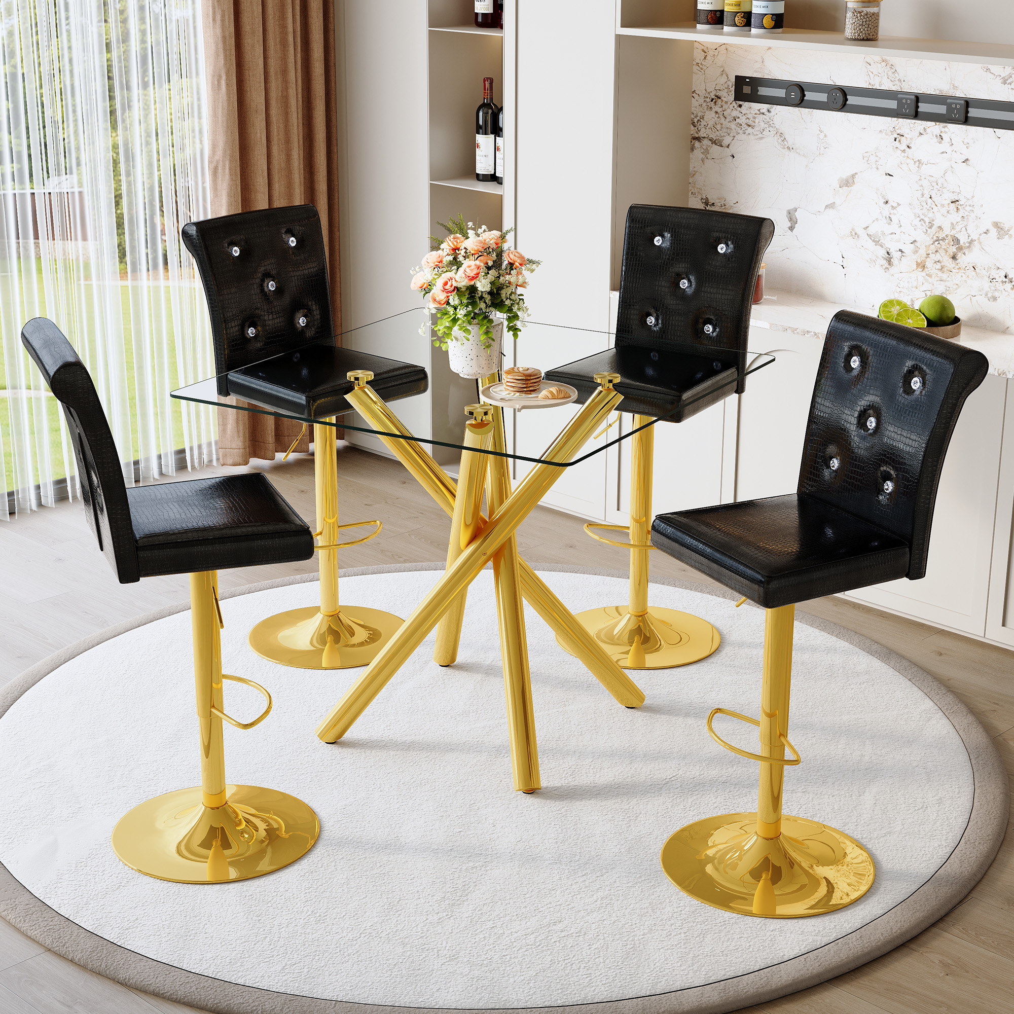 Modern Glass Bar Table And Adjustable Bar Stools Set Of 2, Contemporary Counter Height Pub Table With Gold Chrome Legs, Black PU Leather Swivel Bar Chairs For Kitchen Island, Home Bar, Small Space