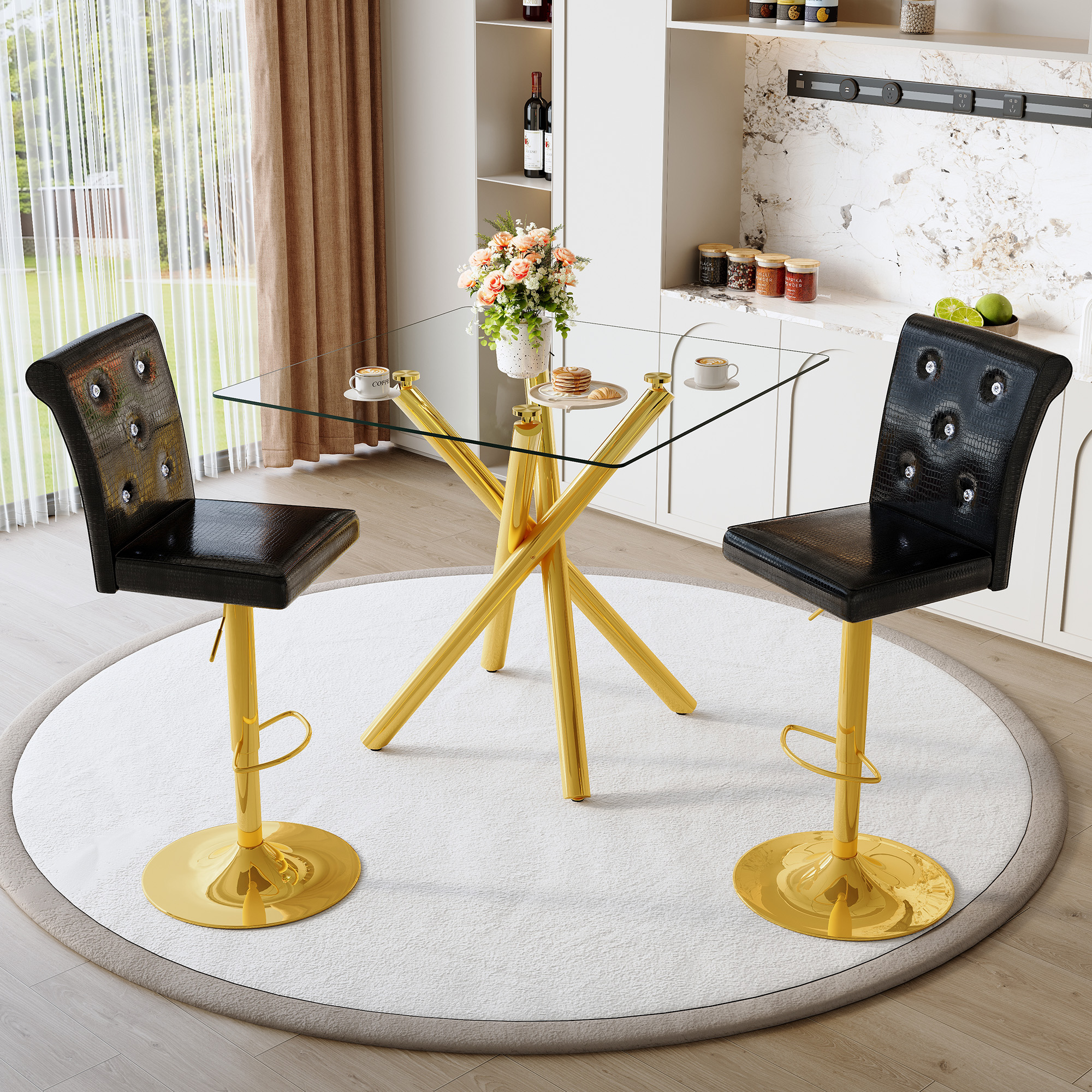 Modern Glass Bar Table And Adjustable Bar Stools Set Of 2, Contemporary Counter Height Pub Table With Gold Chrome Legs, Black PU Leather Swivel Bar Chairs For Kitchen Island, Home Bar, Small Space
