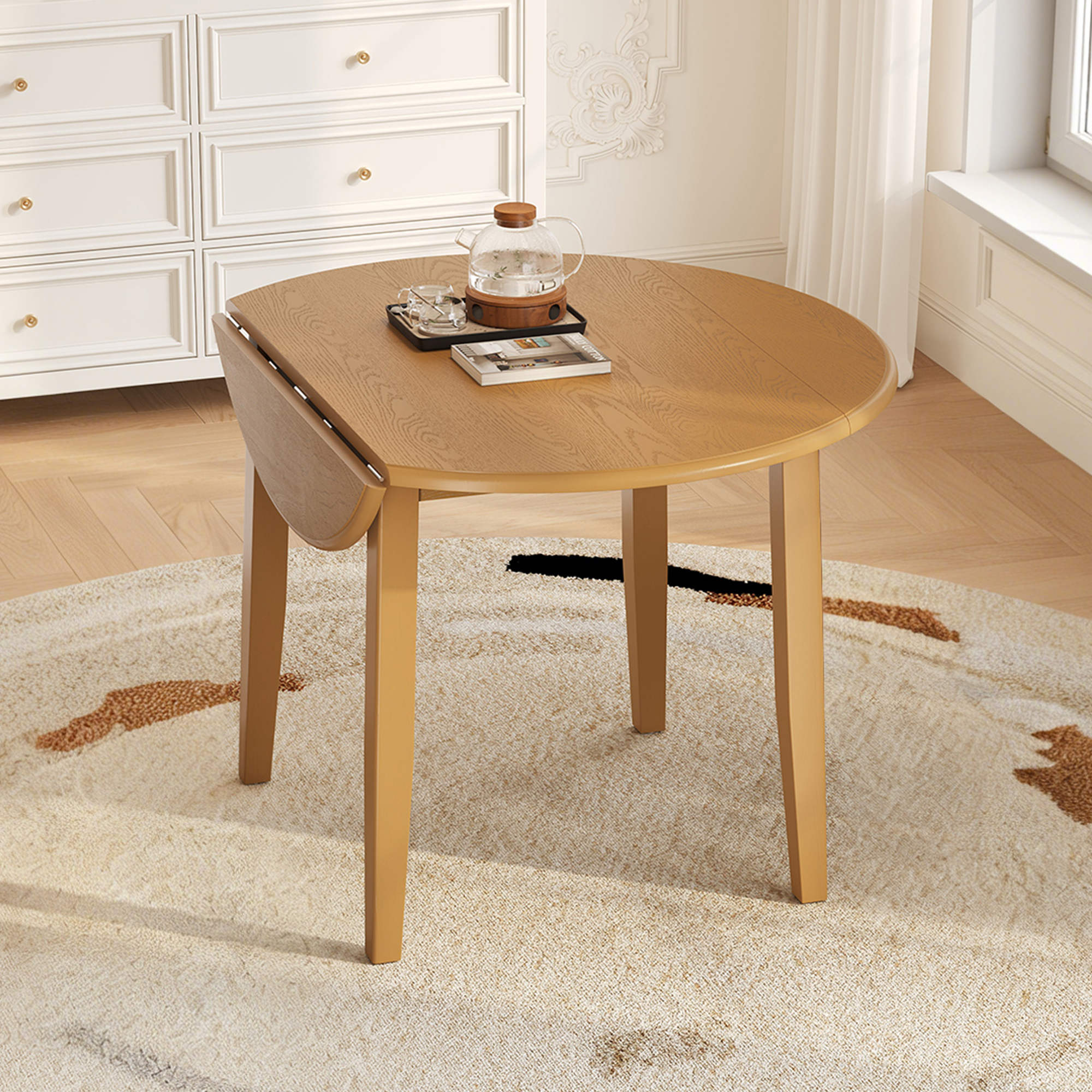 Extendable Round Dining Table For 2 4 People Folding Wood Dining Table With Adjustable Size, Space Saving Design For Small Apartments And Dining Areas  LIGHT BROWN