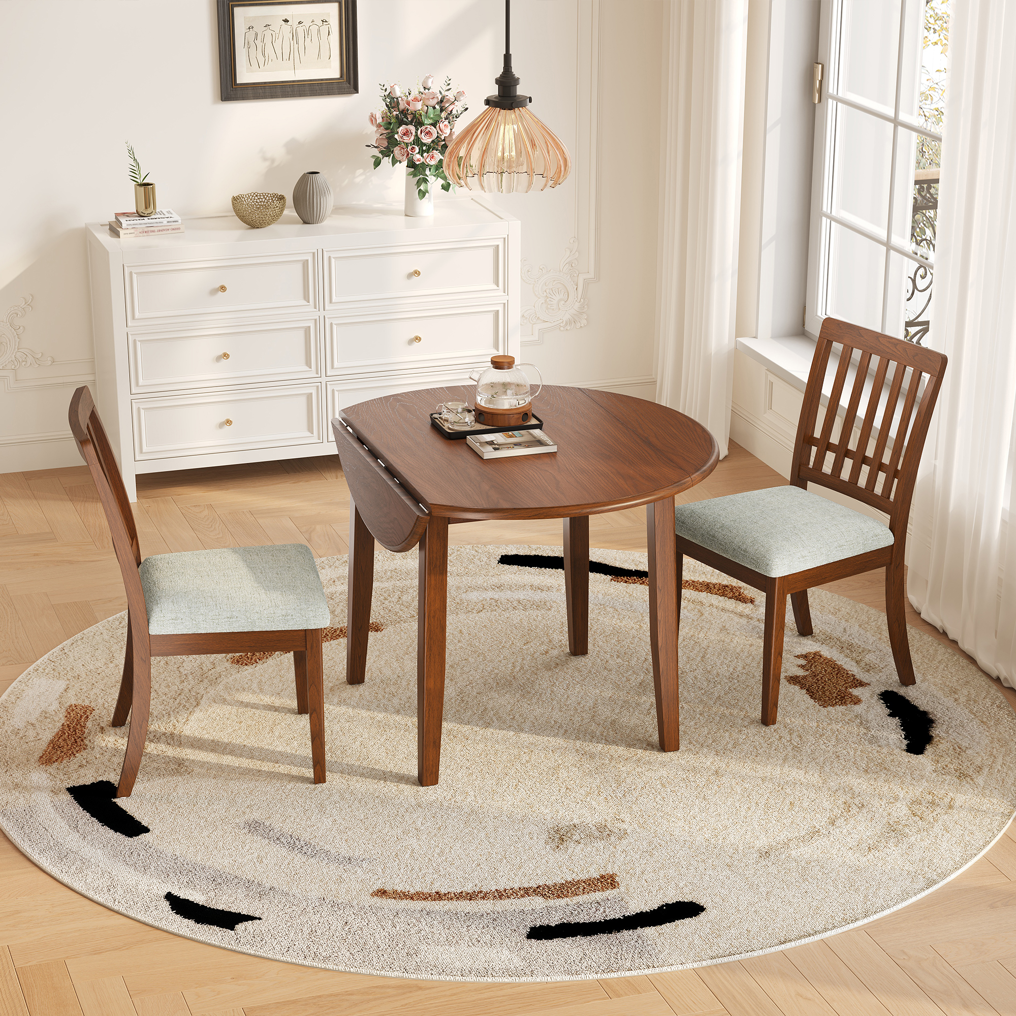3-Piece Round Dining Table Set For 2 People, 1 Folding Wood Dining Table   2 Upholstered Chairs, Space-Saving Design For Small Apartments And Dining Areas - BROWN