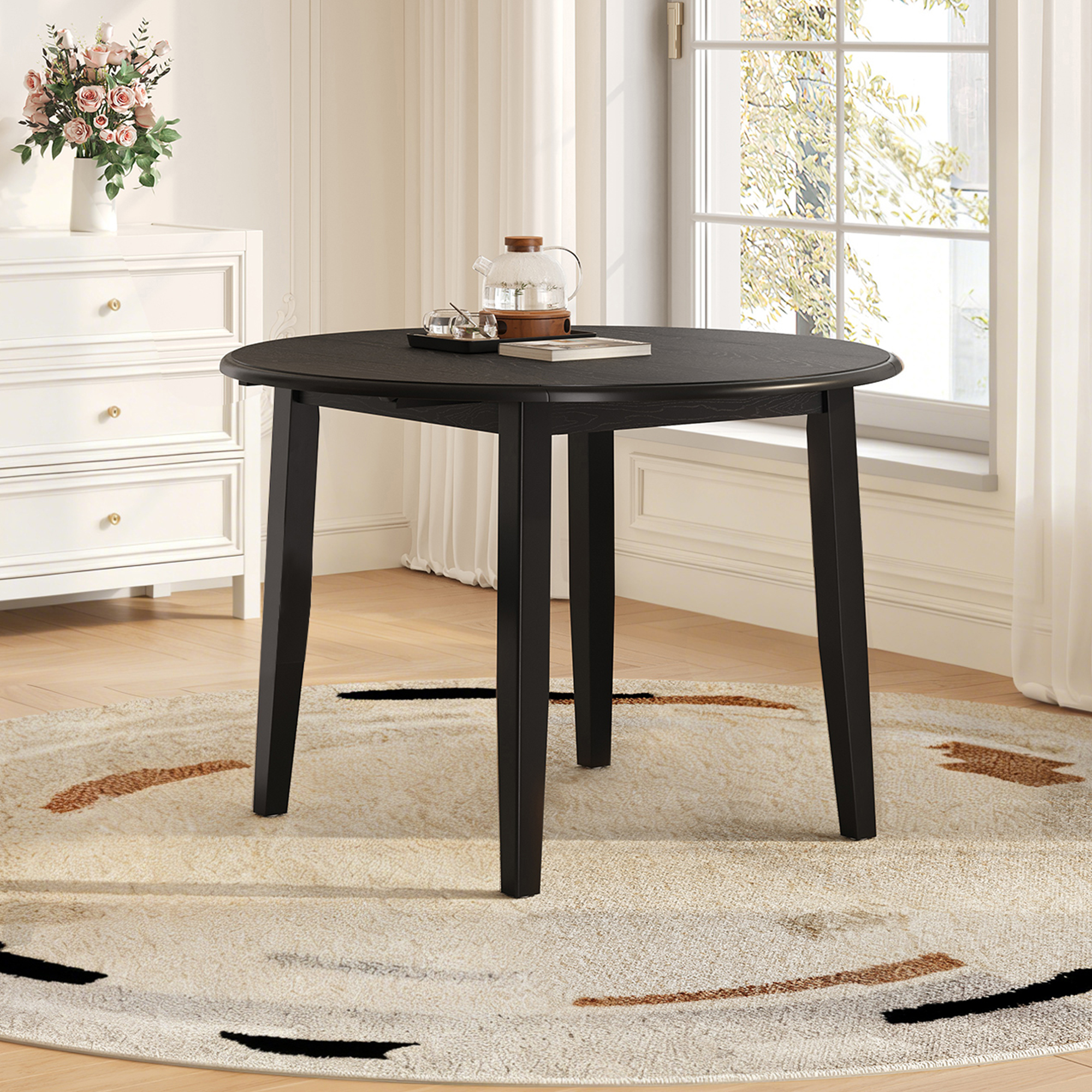 Extendable Round Dining Table For 2 4 People Folding Wood Dining Table With Adjustable Size, Space-Saving Design For Small Apartments And Dining Areas - BLACK