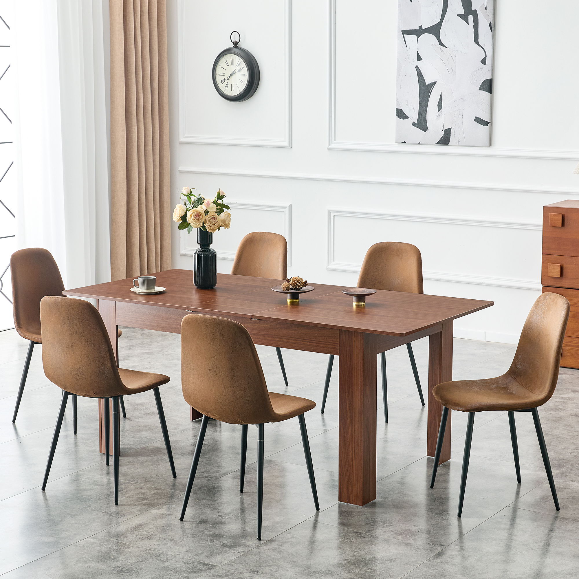 Extendable Rectangular Dining Table, Modern Expandable Kitchen Table With 2 Drop Leaves, Walnut Finish, Space-Saving Dinner Table For Small To Large Family, Dining Room & Living Room